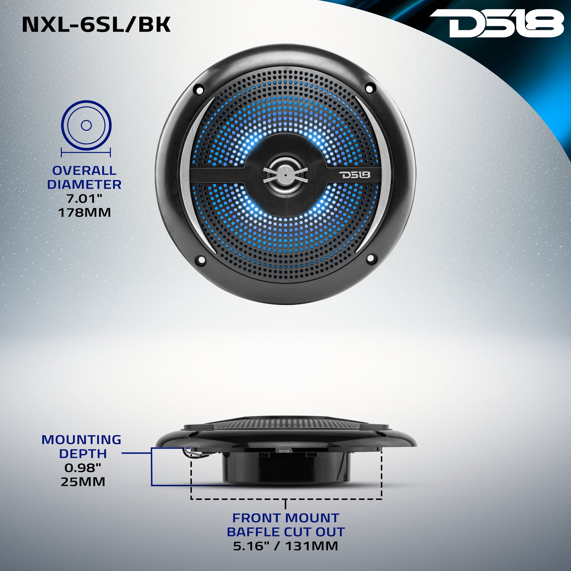 DS18 NXL 6.5" 2-Way Coaxial Marine Shallow Speaker With LED RGB Lights 25 Watts Rms 4-Ohm