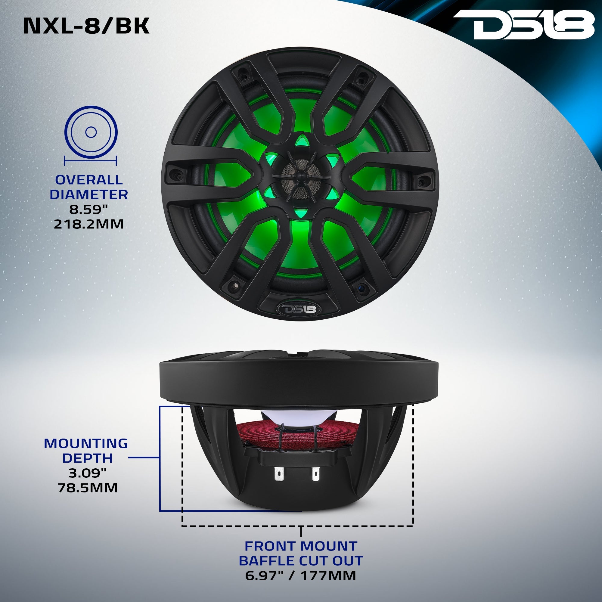 DS18 NXL 8" 2-Way Coaxial Marine Speaker with LED RGB Lights | 125W RMS 4-Ohm