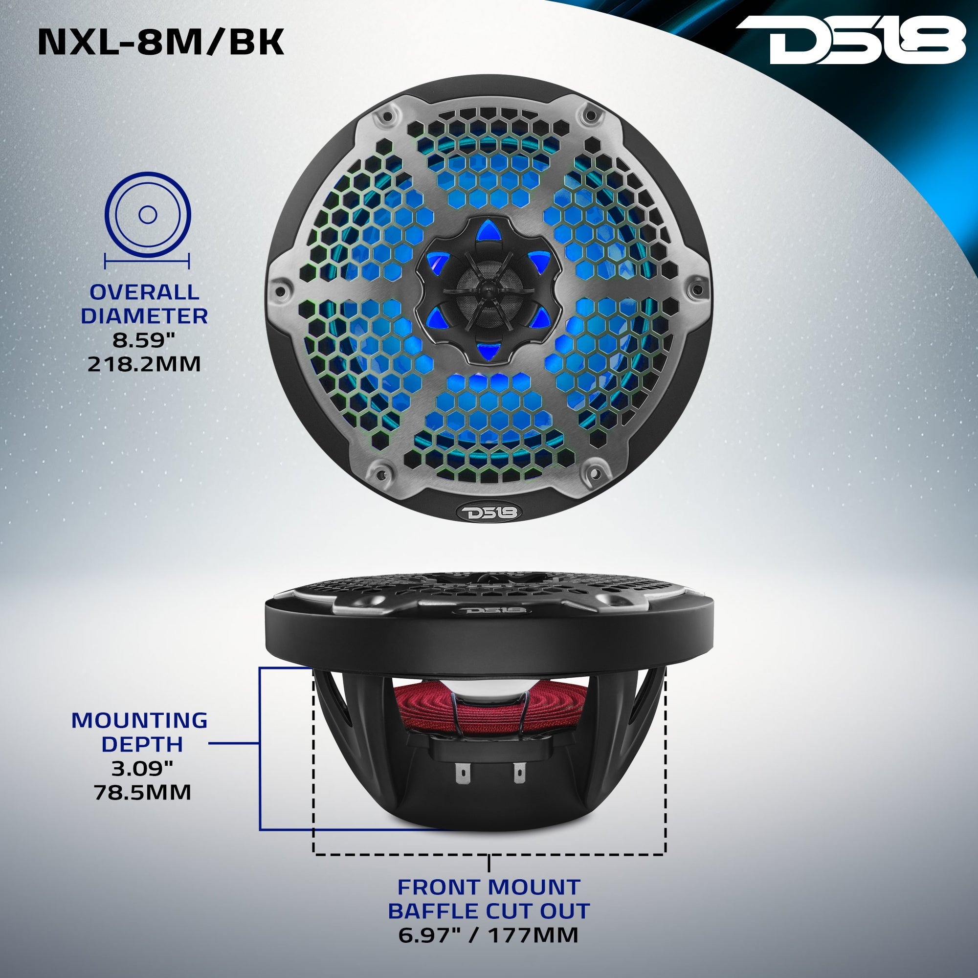 DS18 NXL 8" 2-Way Coaxial Marine Speaker With LED RGB Lights 125 Watts Rms 4-Ohm