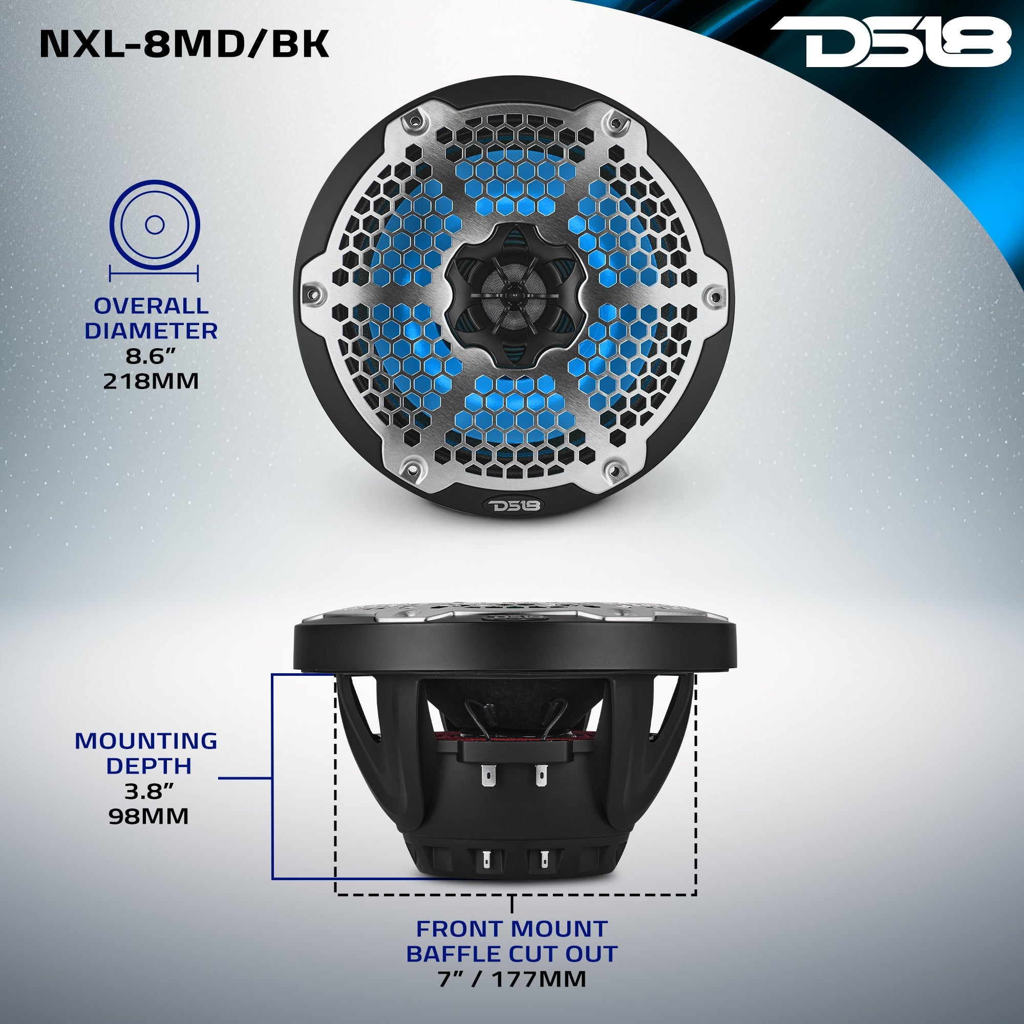 DS18 8” Marine 2-Way Hybrid Speaker with RGB LED, Compression Driver and Neodymium Magnet | 350W RMS 4-Ohm