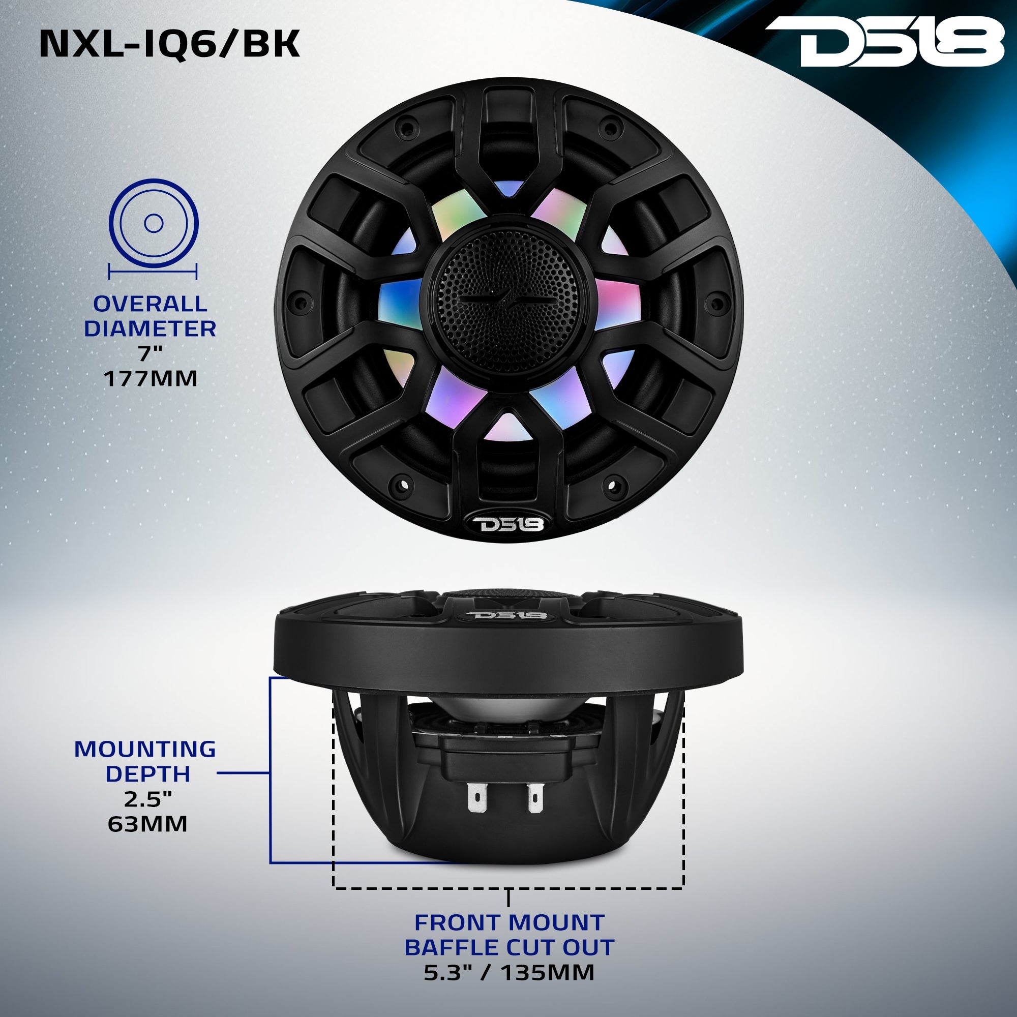 DS18 NXL 6.5" 2-Way Coaxial Marine Speaker with Bullet Tweeter and Digital Led Lights | 150W RMS 4-Ohm