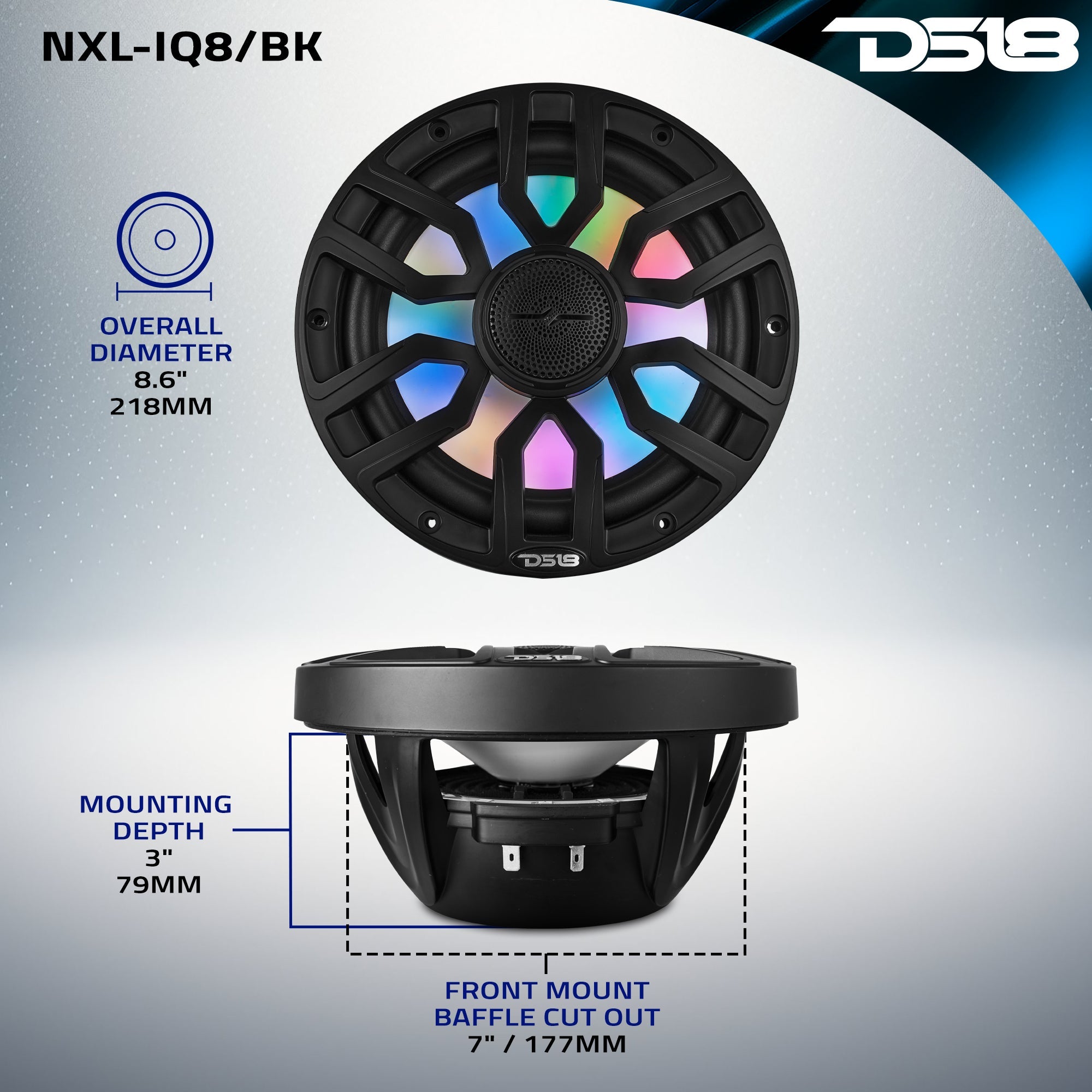DS18 NXL 8" 2-Way Coaxial Marine Speaker with Bullet Tweeter and Digital Led Lights | 175W RMS 4-Ohm