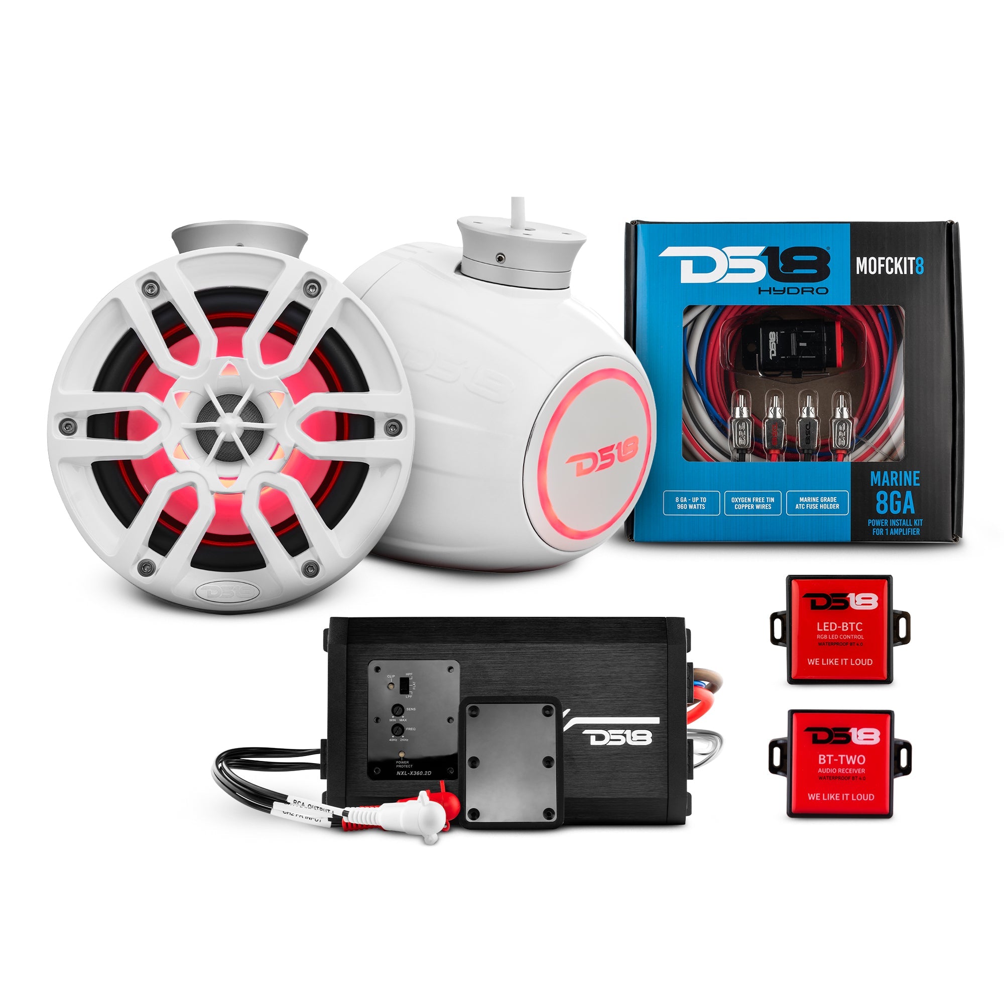 DS18 6.5" Compact Speaker Tower with Marine Amplifier, Installation Kit, and RGB LED Lights - Perfect Package for Jet Ski