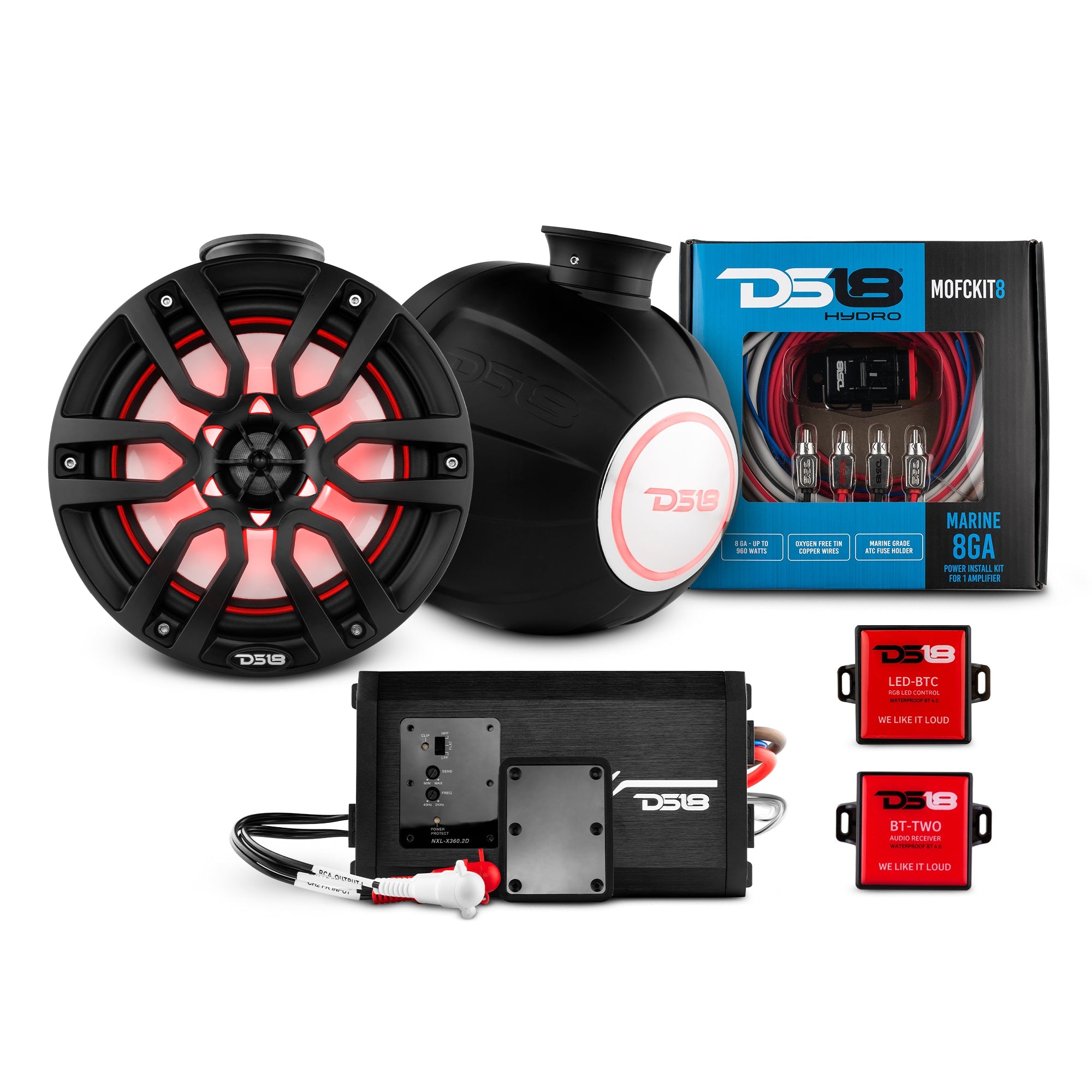 DS18 8" Compact Speaker Tower with Marine Amplifier, Installation Kit, and RGB LED Lights - Perfect Package for Jet Ski