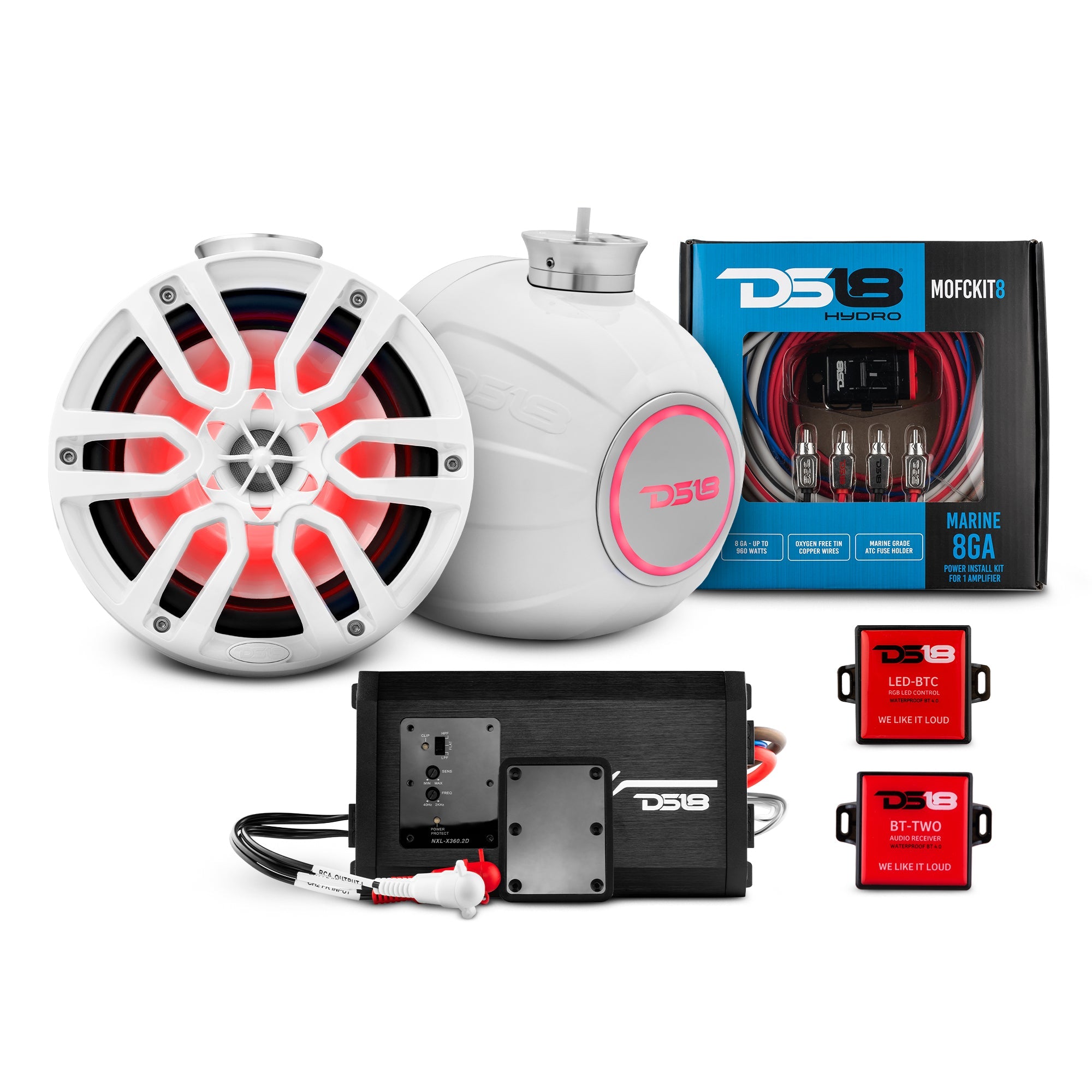 DS18 8" Compact Speaker Tower with Marine Amplifier, Installation Kit, and RGB LED Lights - Perfect Package for Jet Ski