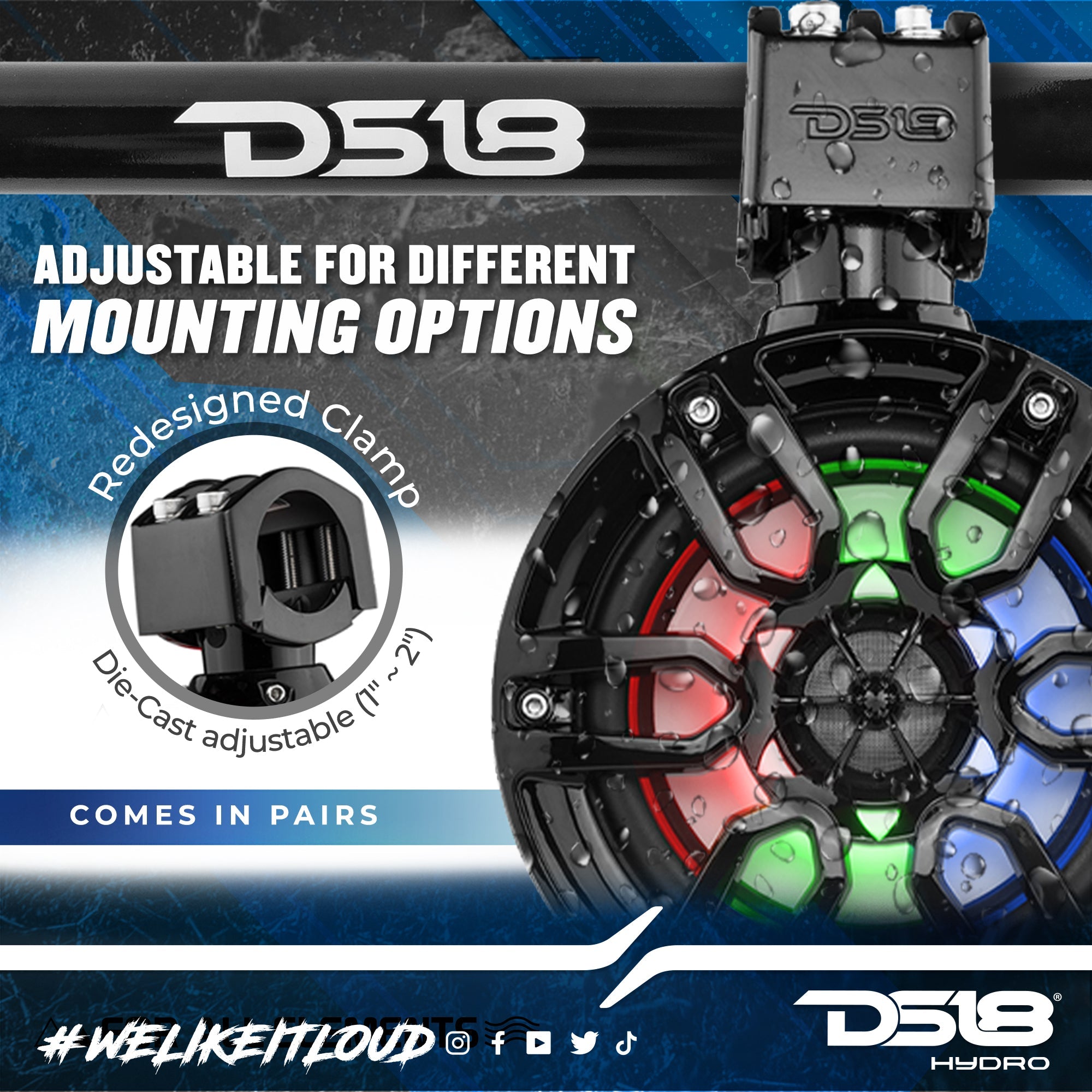 DS18 NXL 6.5" Marine and Powersports Towers LED RGB Lights 100 Watts Rms - Black