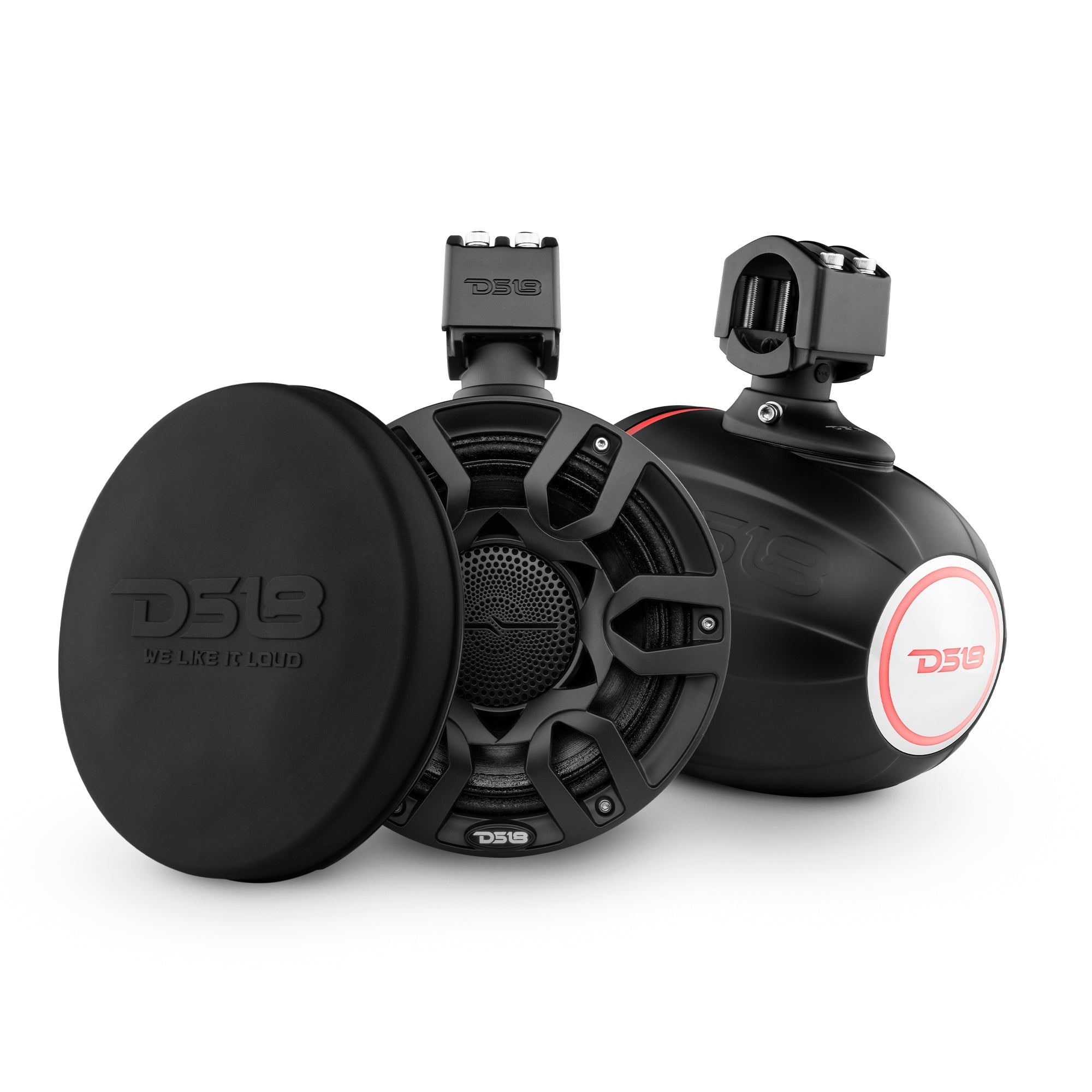 DS18 NXL 8" Compact Wakeboard Tower Speakers with Hybrid Mid-Range, Compression Driver Loudspeaker, RGB LED Lights, 500 Watts, Speaker Cover Included