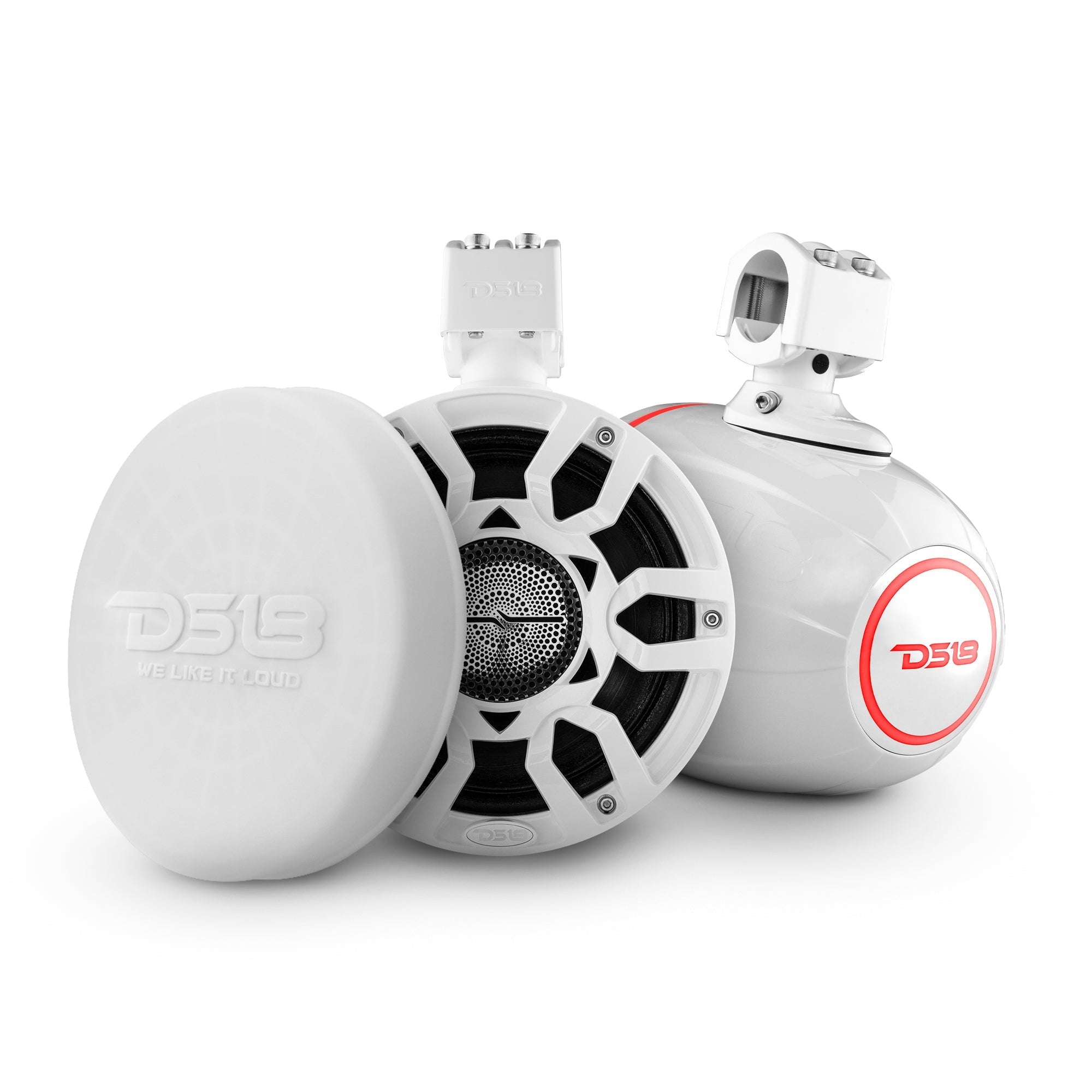 DS18 NXL 8" Compact Wakeboard Tower Speakers with Hybrid Mid-Range, Compression Driver Loudspeaker, RGB LED Lights, 500 Watts, Speaker Cover Included