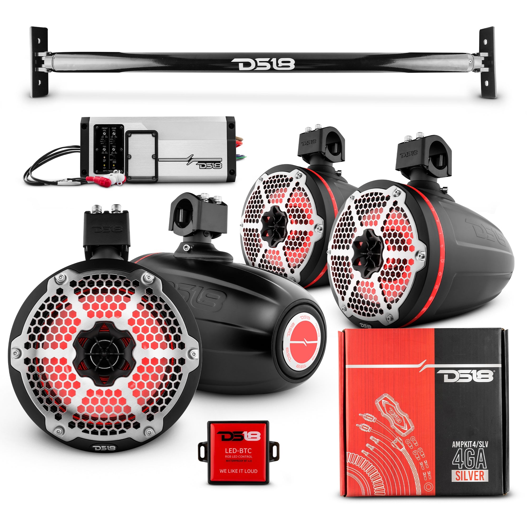 DS18 JL-TUBE 4x 8" Marine Towers Speakers with RGB LED Lights, 4-Channel Marine Amplifier and AMPKIT for Jeep JL