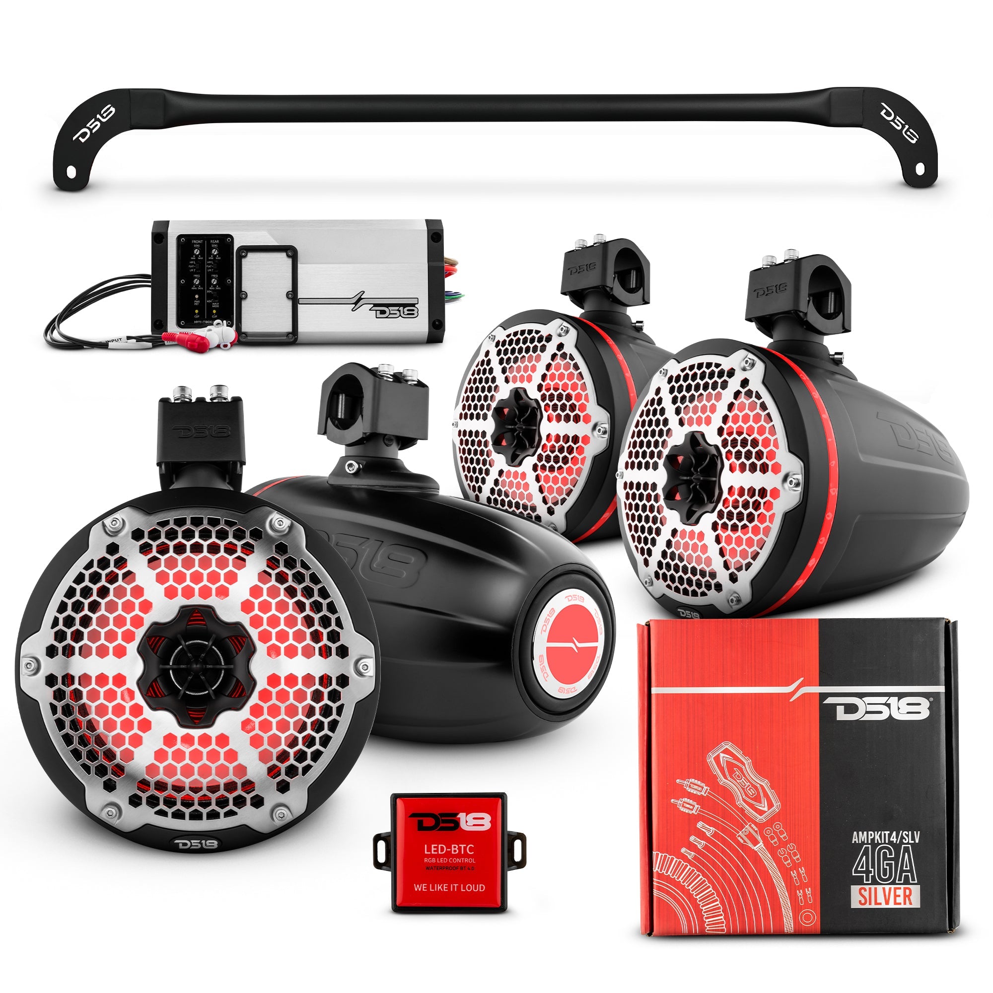 DS18 JL-TUBESOFT 4x 8" Marine Towers Speakers with RGB LED Lights, 4-Channel Marine Amplifier and AMPKIT for JLU Soft Top