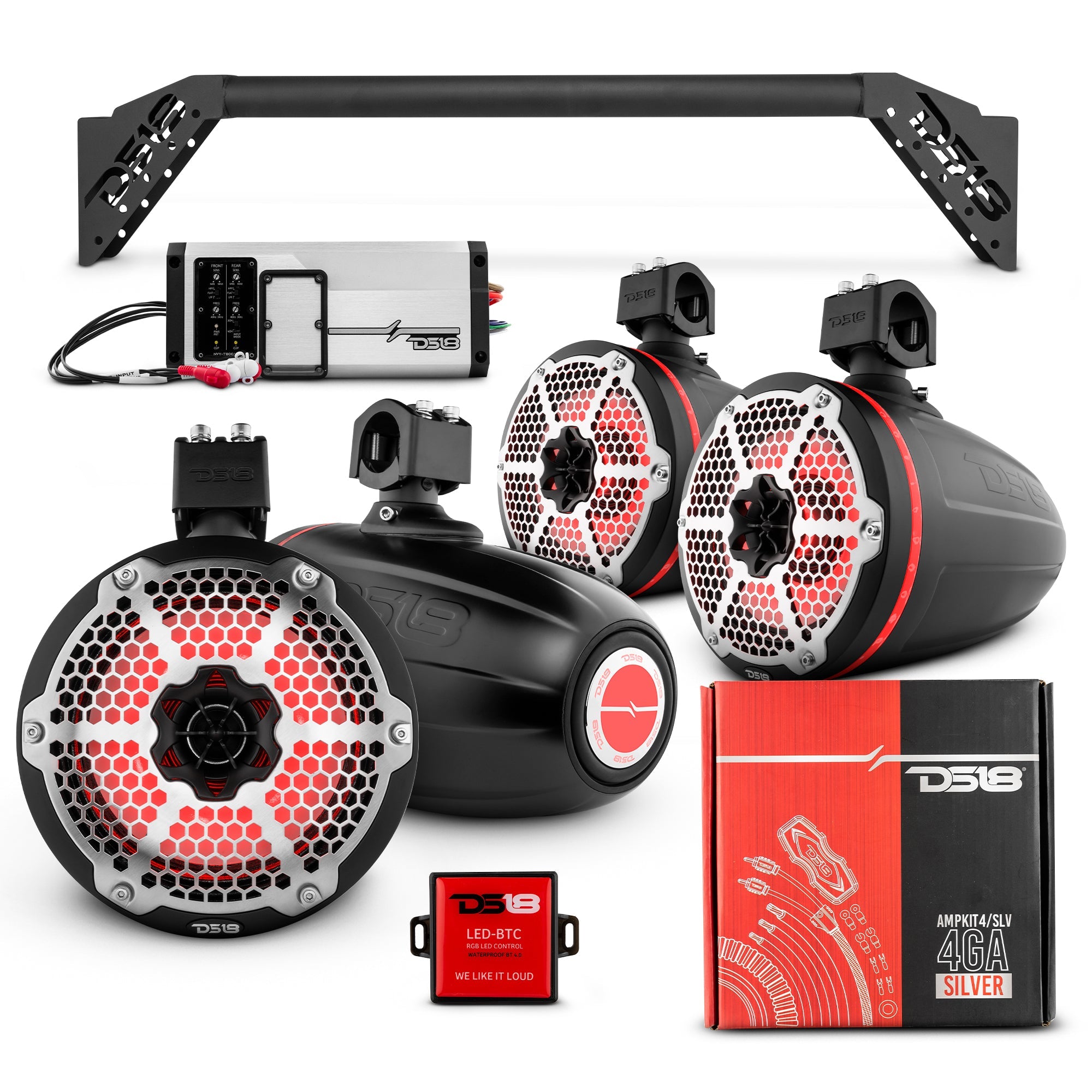 DS18 JL-TUBEUP 4x 8" Marine Towers Speakers with RGB LED Lights, 4-Channel Marine Amplifier and AMPKIT for Jeep JLU