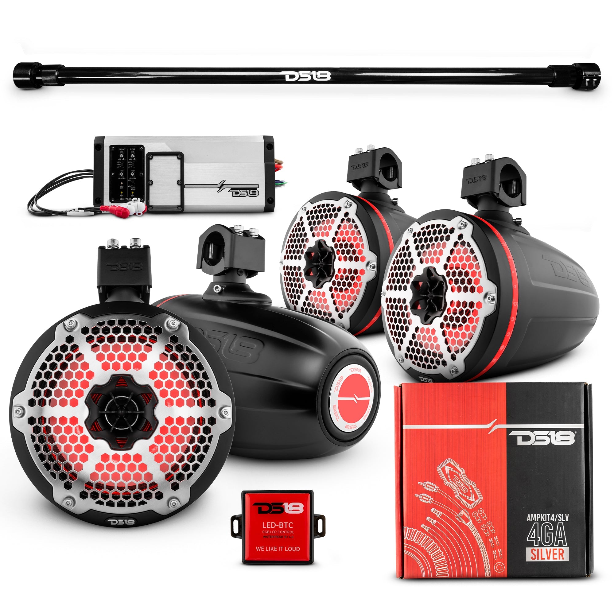 DS18 PU-TUBE 4x 8" Marine Towers Speakers with RGB LED Lights, 4-Channel Marine Amplifier and AMPKIT for Pick Up & Trucks