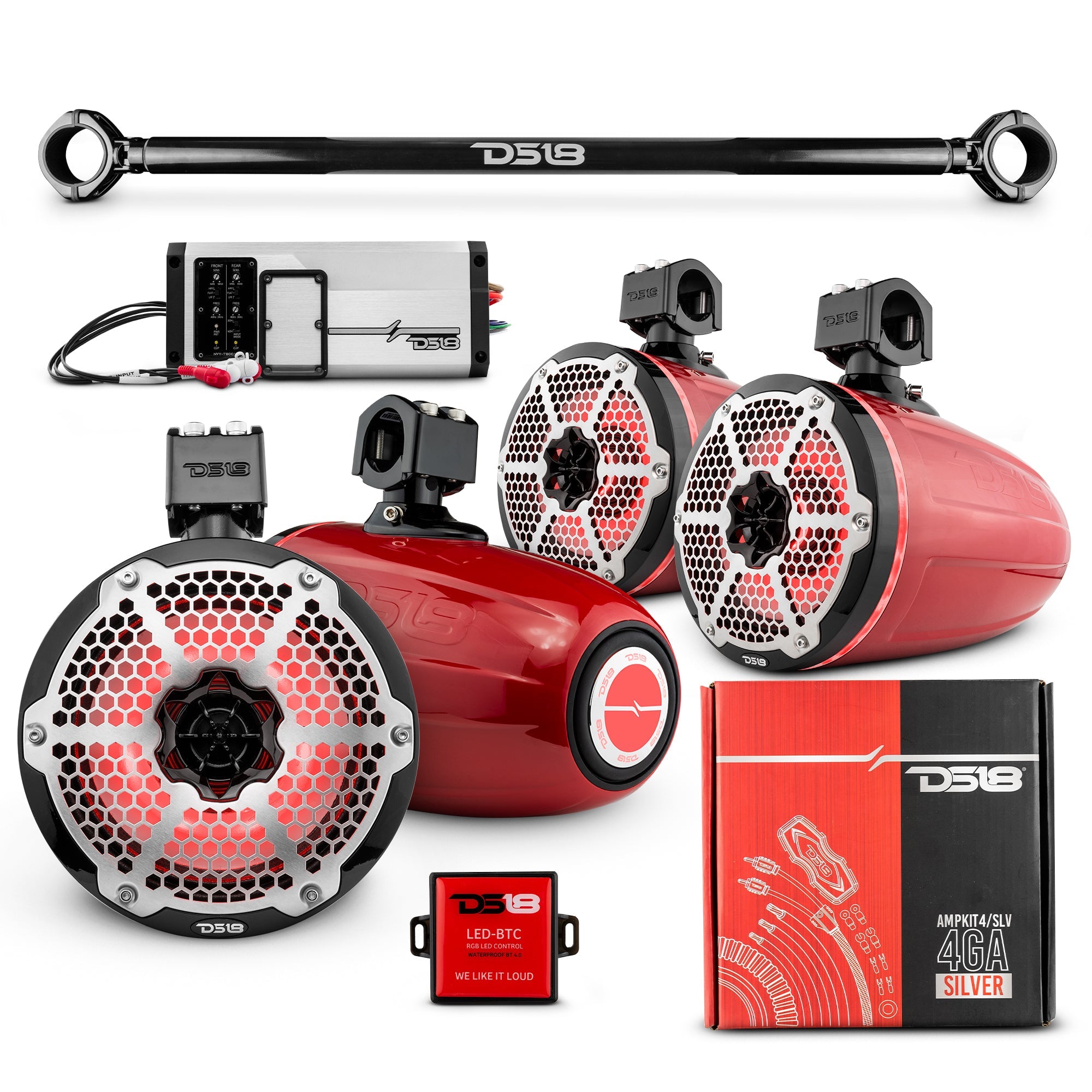 DS18 JK-TUBE 4x 8" Marine Towers Speakers with RGB LED Lights, 4-Channel Marine Amplifier and AMPKIT for Jeep JK/JKU