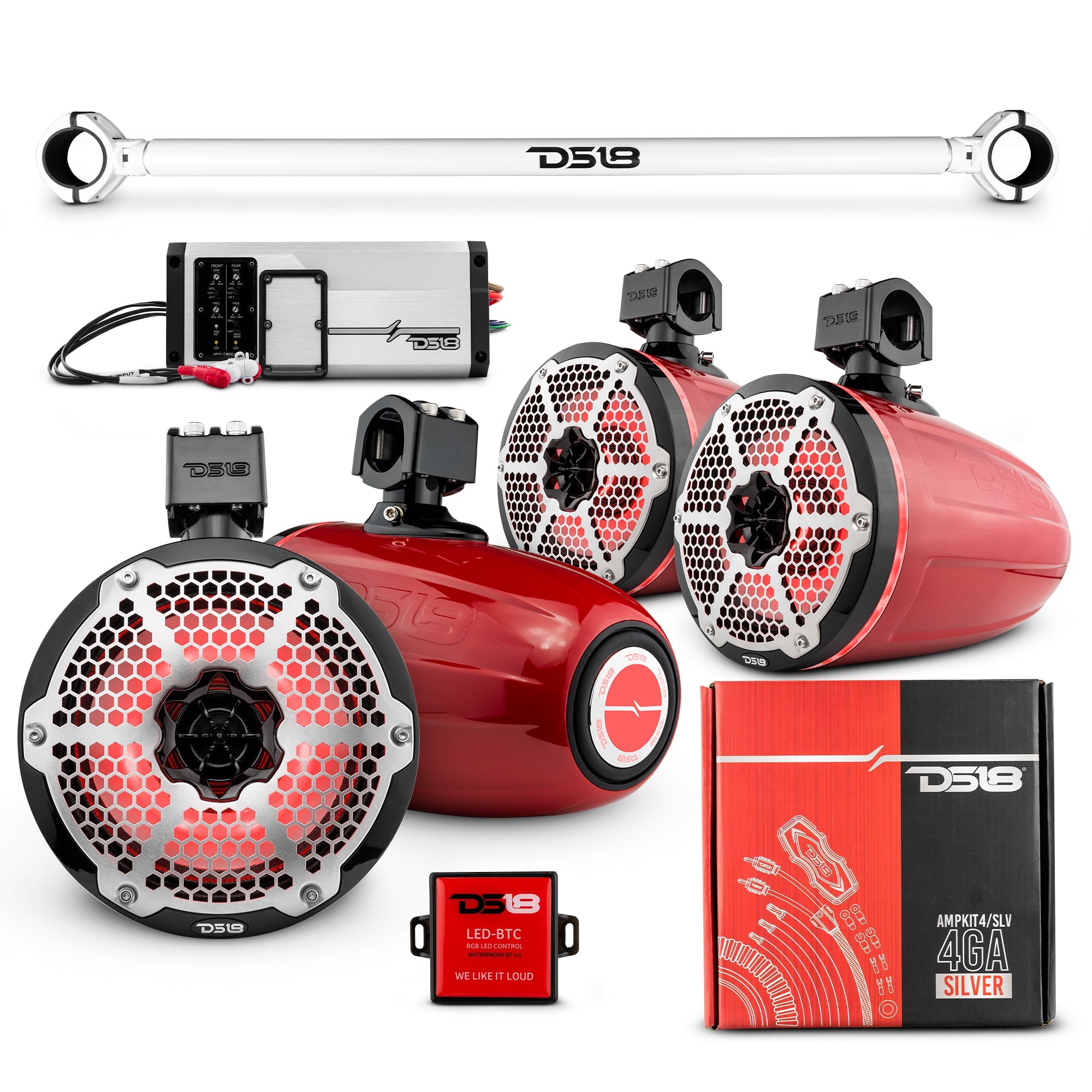 DS18 JK-TUBE 4x 8" Marine Towers Speakers with RGB LED Lights, 4-Channel Marine Amplifier and AMPKIT for Jeep JK/JKU