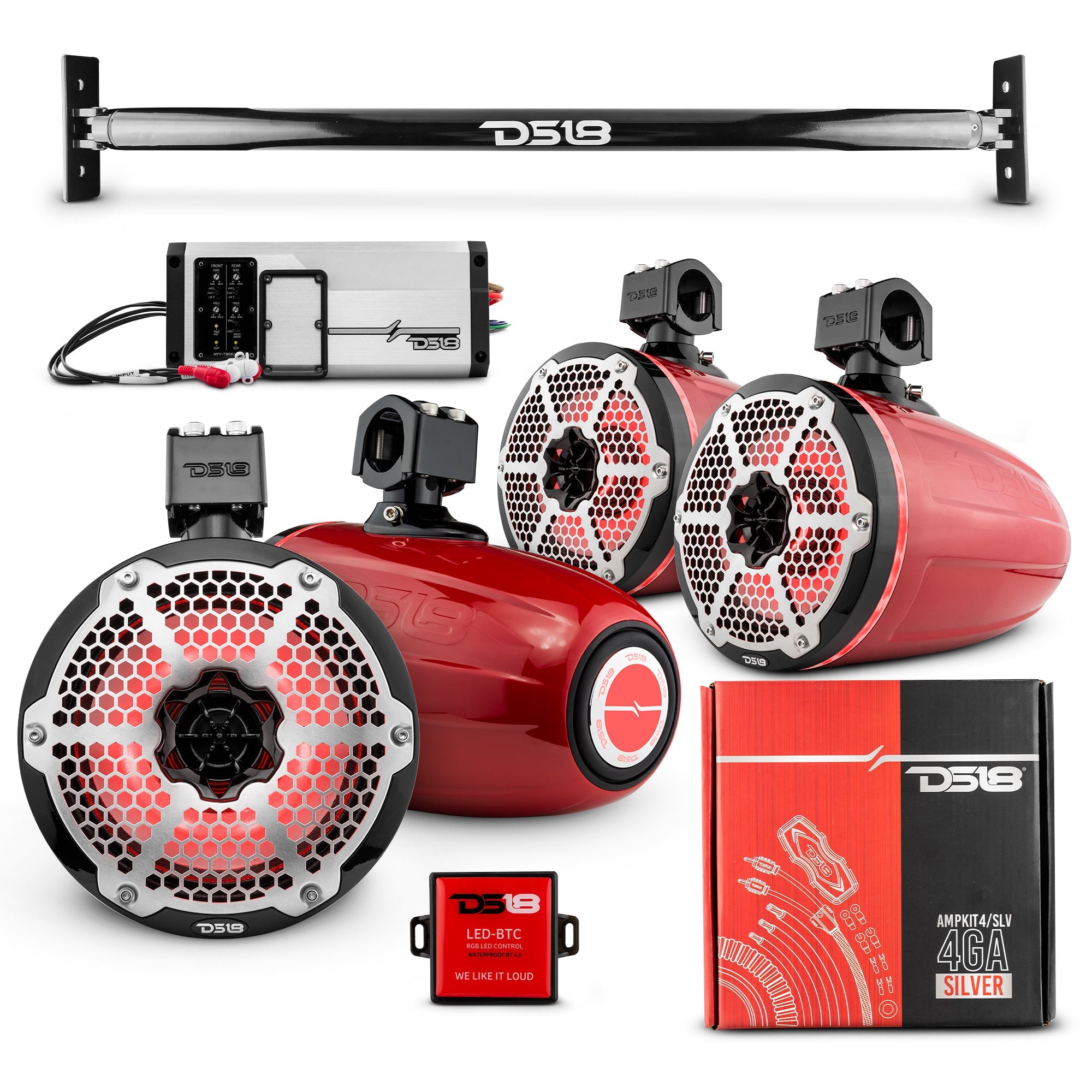 DS18 JL-TUBE 4x 8" Marine Towers Speakers with RGB LED Lights, 4-Channel Marine Amplifier and AMPKIT for Jeep JL