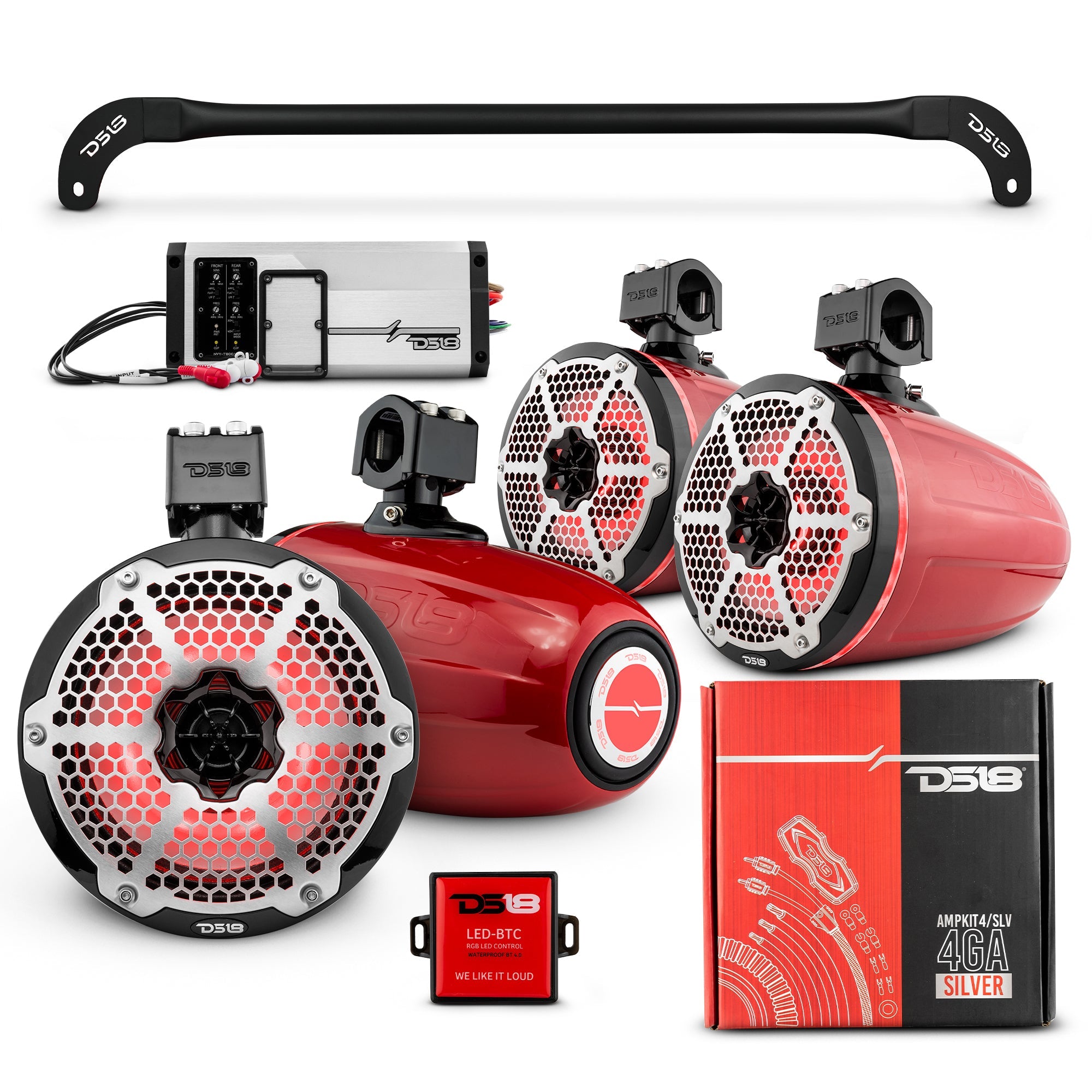 DS18 JL-TUBESOFT 4x 8" Marine Towers Speakers with RGB LED Lights, 4-Channel Marine Amplifier and AMPKIT for JLU Soft Top