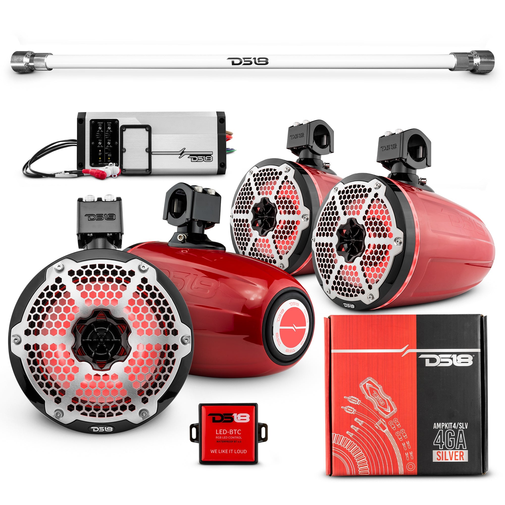 DS18 PU-TUBE 4x 8" Marine Towers Speakers with RGB LED Lights, 4-Channel Marine Amplifier and AMPKIT for Pick Up & Trucks