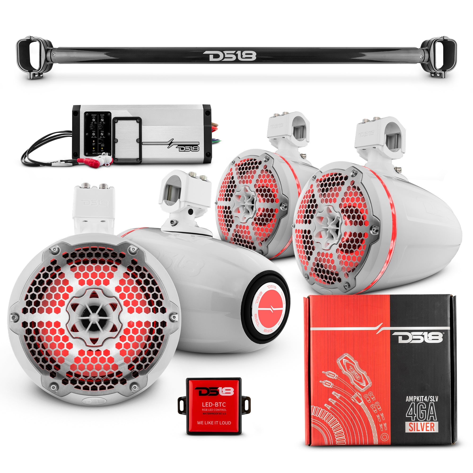 DS18 BRO-TUBE 4x 8" Marine Towers Speakers with RGB LED Lights, 4-Channel Marine Amplifier and AMPKIT for Ford Bronco 6th Gen