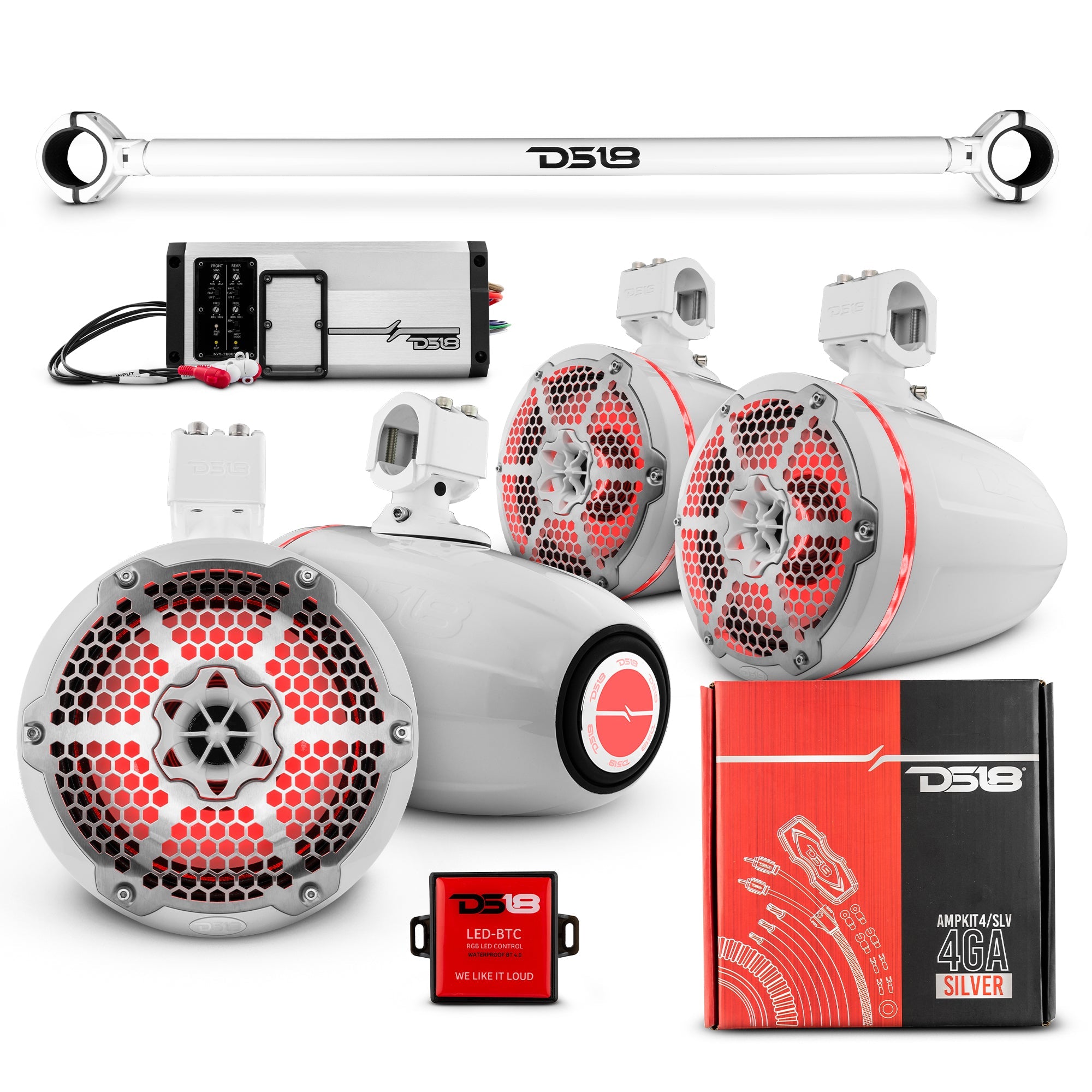 DS18 JK-TUBE 4x 8" Marine Towers Speakers with RGB LED Lights, 4-Channel Marine Amplifier and AMPKIT for Jeep JK/JKU