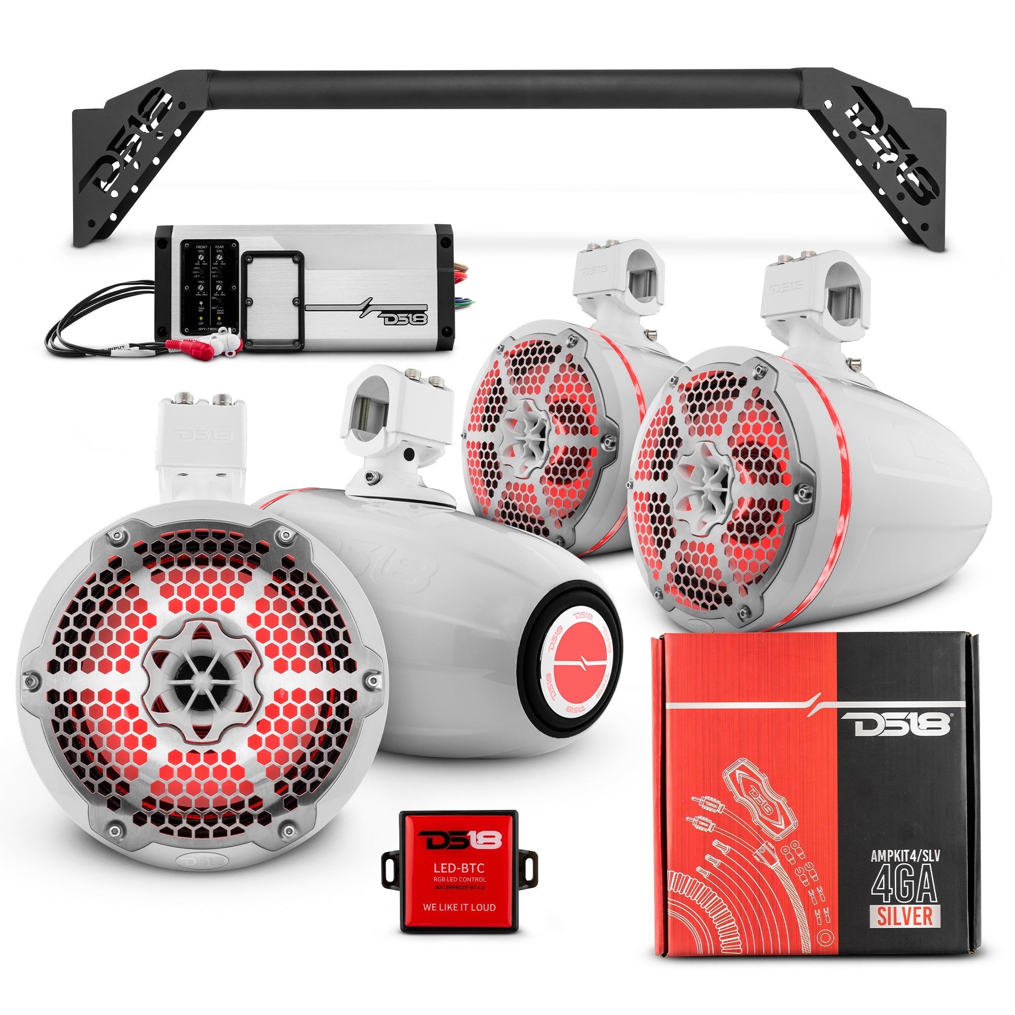 DS18 JL-TUBEUP 4x 8" Marine Towers Speakers with RGB LED Lights, 4-Channel Marine Amplifier and AMPKIT for Jeep JLU