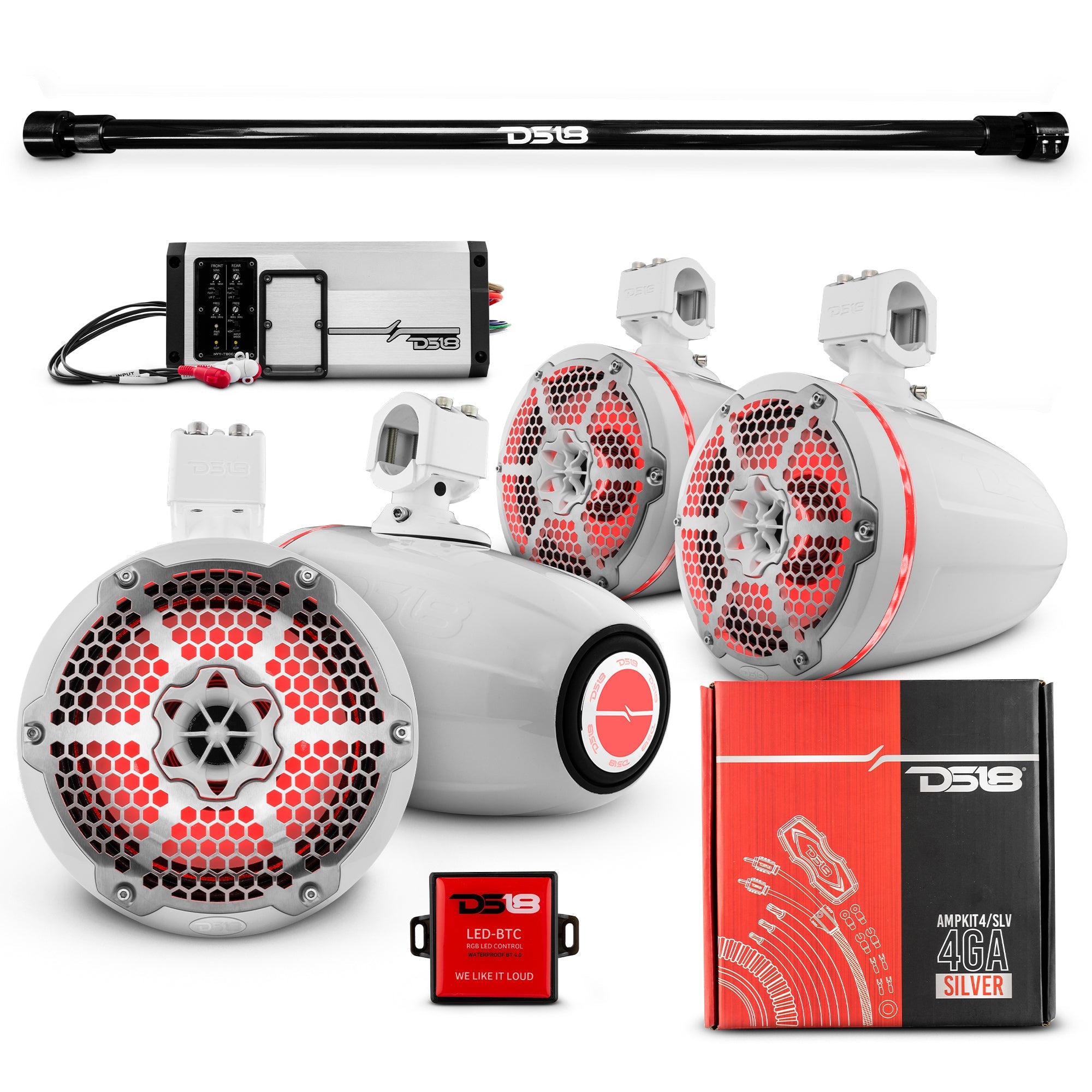 DS18 PU-TUBE 4x 8" Marine Towers Speakers with RGB LED Lights, 4-Channel Marine Amplifier and AMPKIT for Pick Up & Trucks