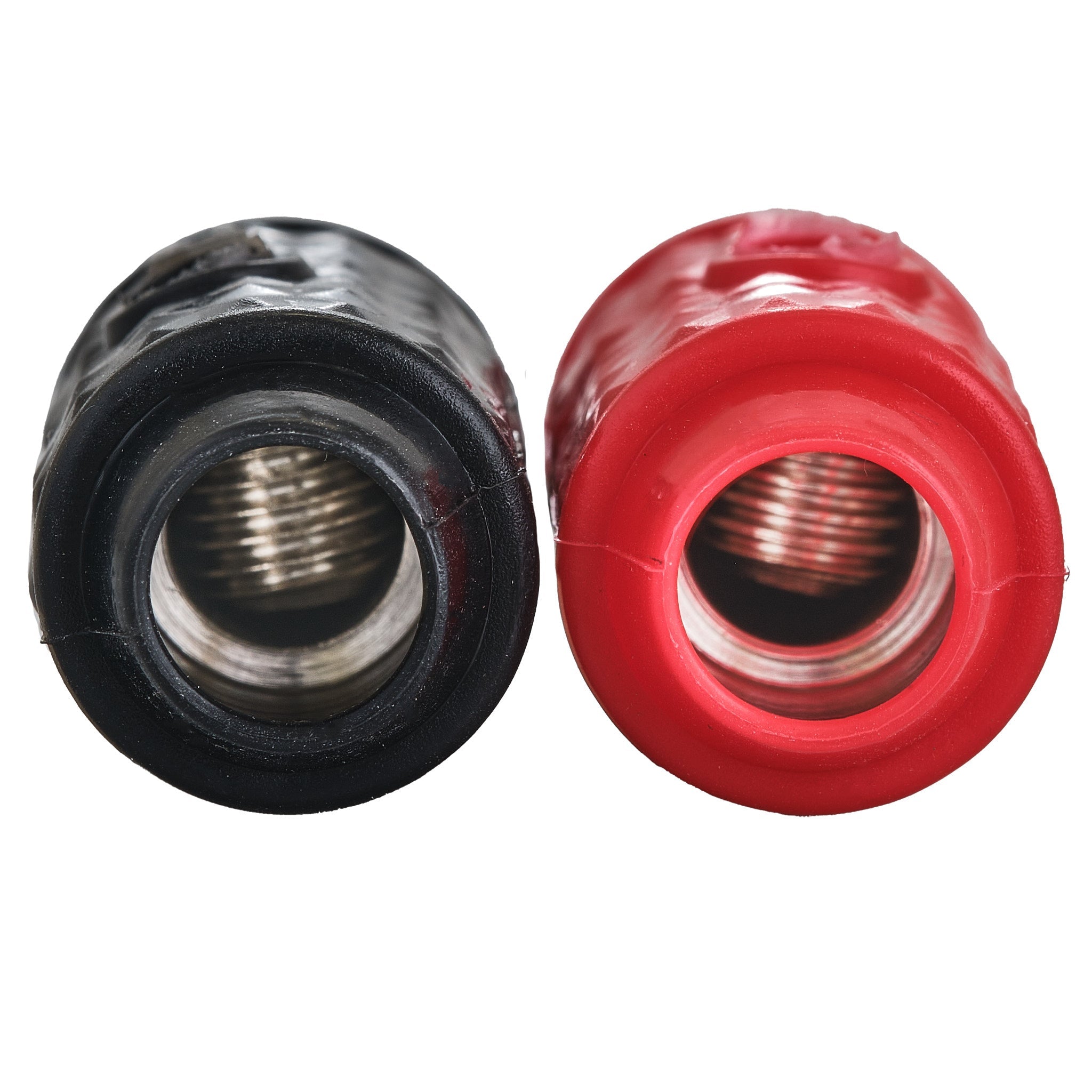 DS18 1/4-GA to 1/8-GA Amp Input Reducers with Offset Stub and Silicone Cover - BLACK/RED
