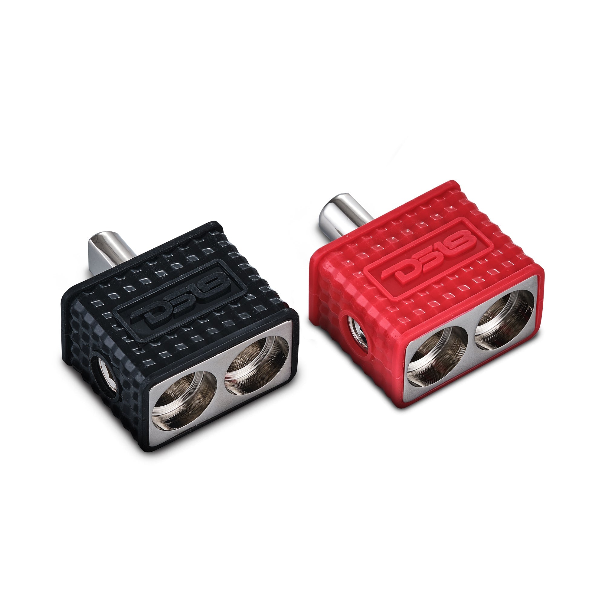 DS18 Dual 1/0-GA to 1/0-GA Amp Input Reducers with Offset Stub and Silicone Cover - BLACK/RED