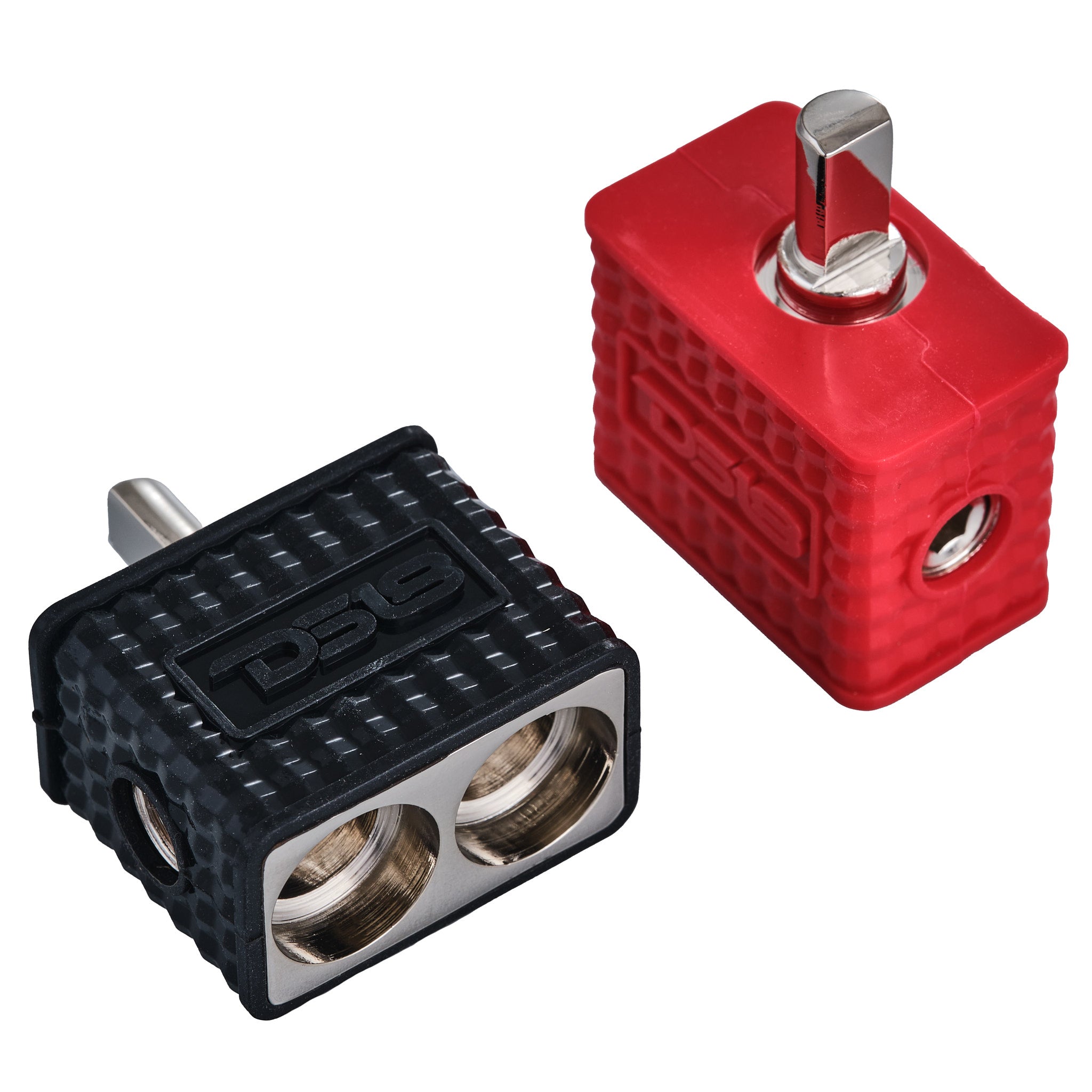 DS18 Dual 1/0-GA to 1/4-GA Amp Input Reducers with Offset Stub and Silicone Cover - BLACK/RED