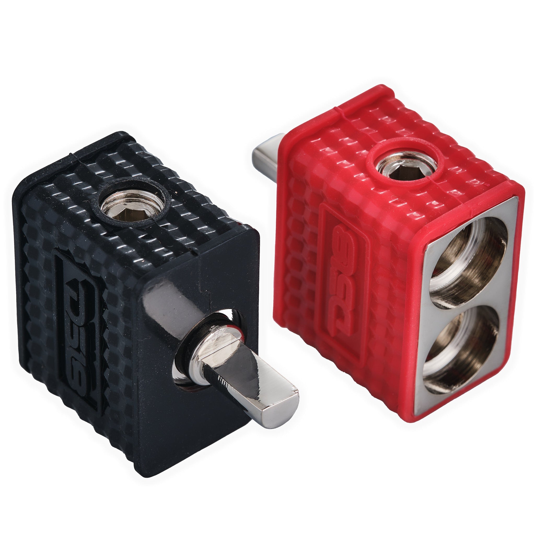 DS18 Dual 1/0-GA to 1/4-GA Amp Input Reducers with Offset Stub and Silicone Cover - BLACK/RED