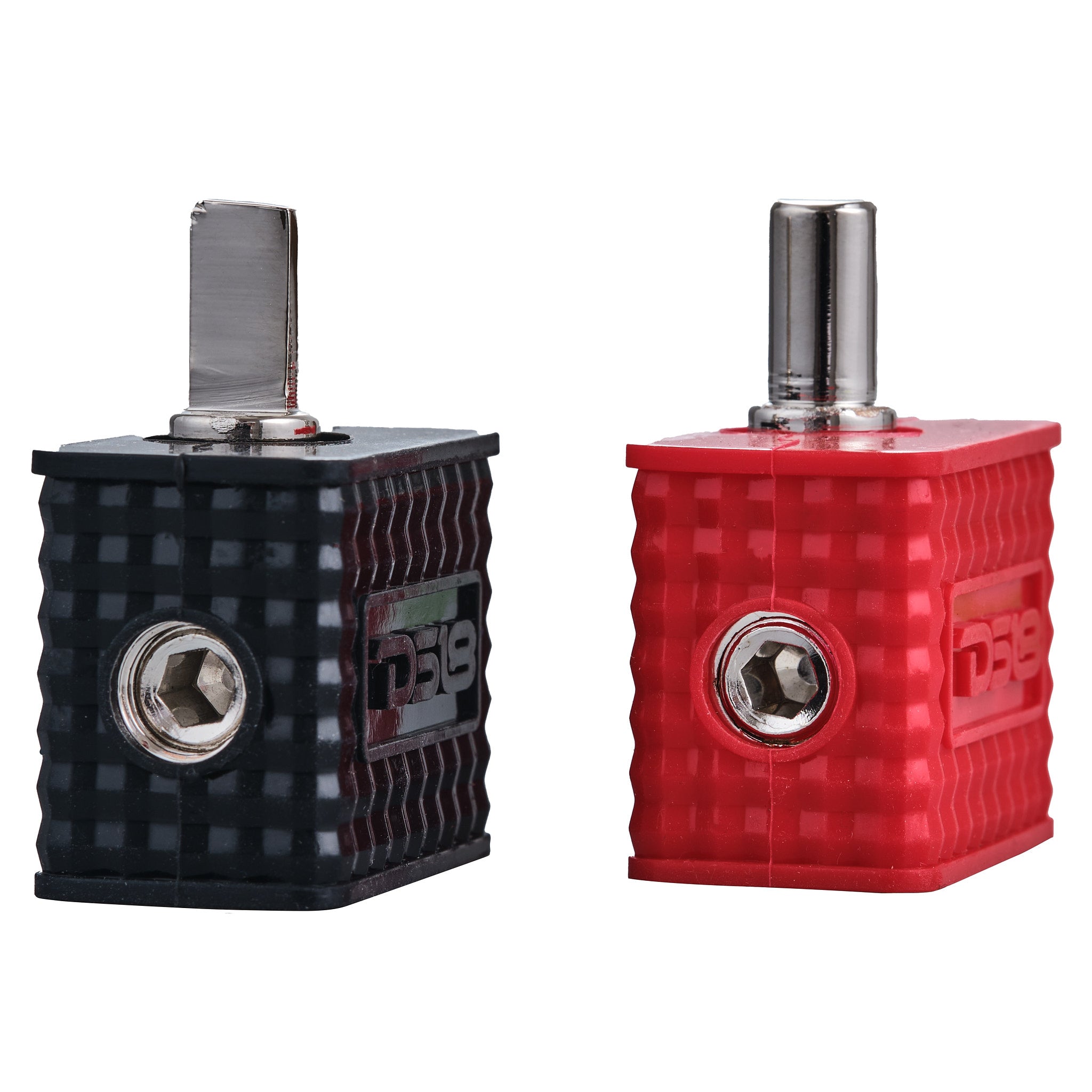 DS18 Dual 1/0-GA to 1/4-GA Amp Input Reducers with Offset Stub and Silicone Cover - BLACK/RED