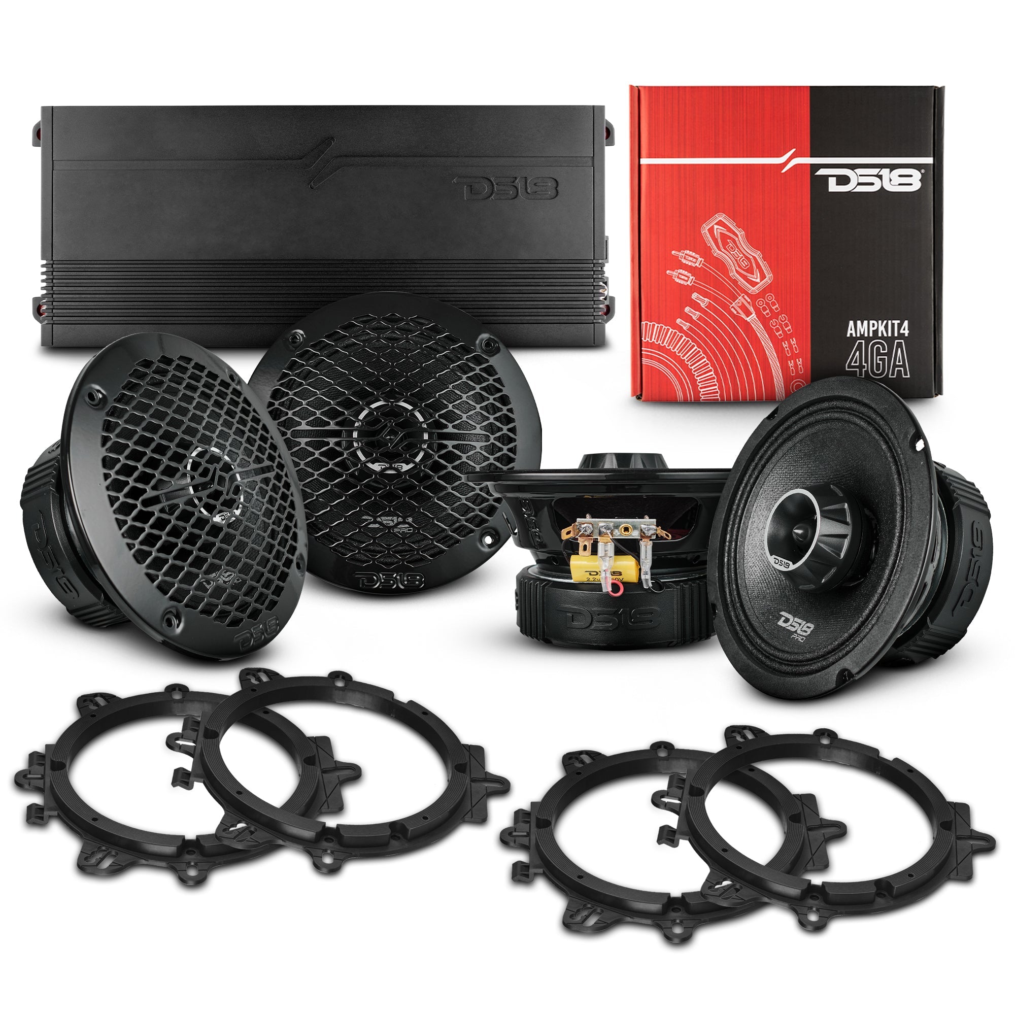 DS18 6.5" PRO Midrange Coaxial Speakers with Amplifier and OEM Adapters