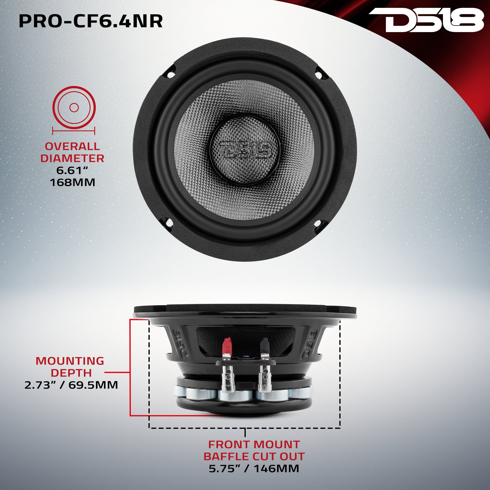DS18 PRO 6.5" Neodymium Carbon Fiber Water resistant Cone Mid-Bass Loudspeaker 250 Watts Rms 4-Ohm