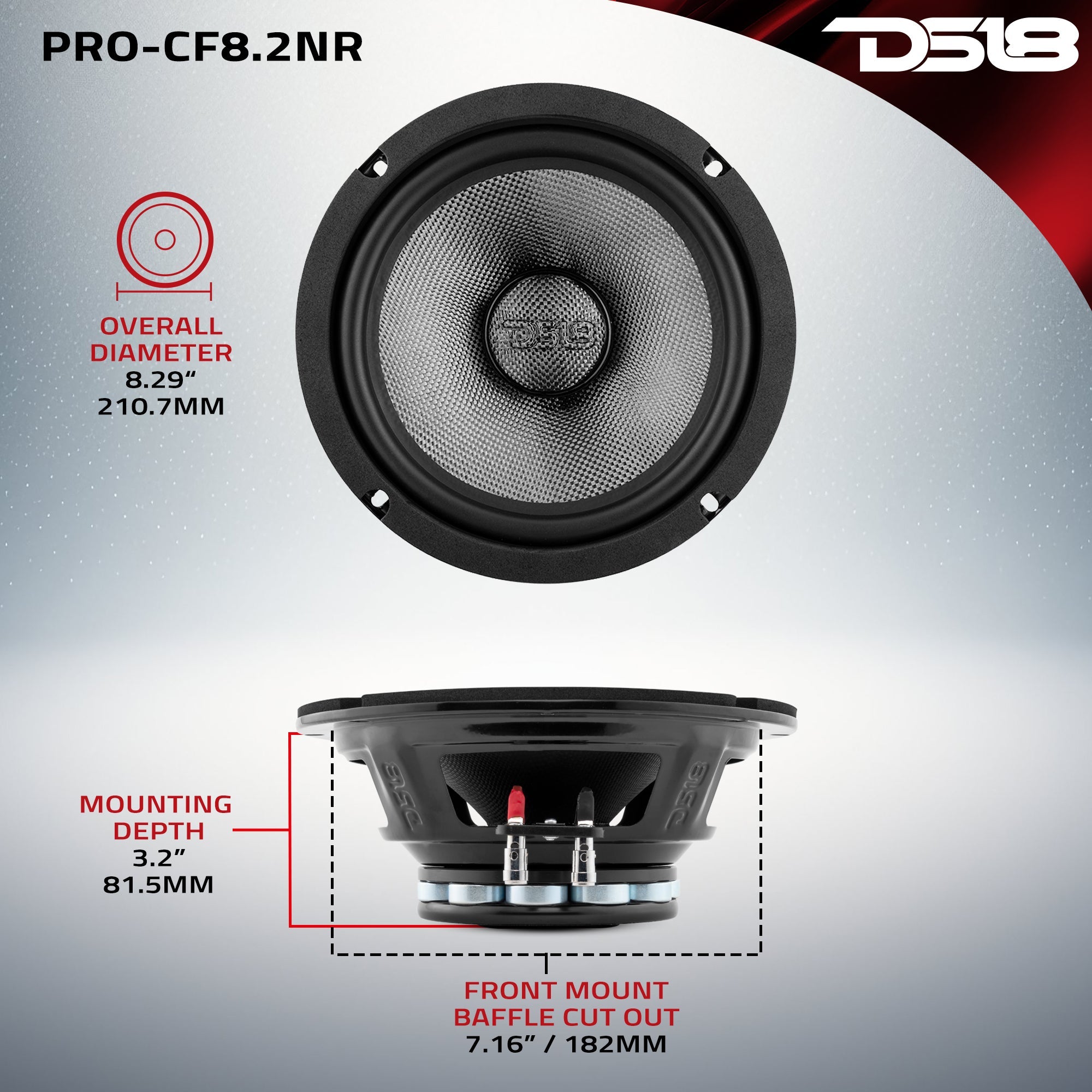DS18 PRO 8" Neodymium Carbon Fiber Water resistant Cone Mid-Bass Loudspeaker 300 Watts Rms 2-Ohm