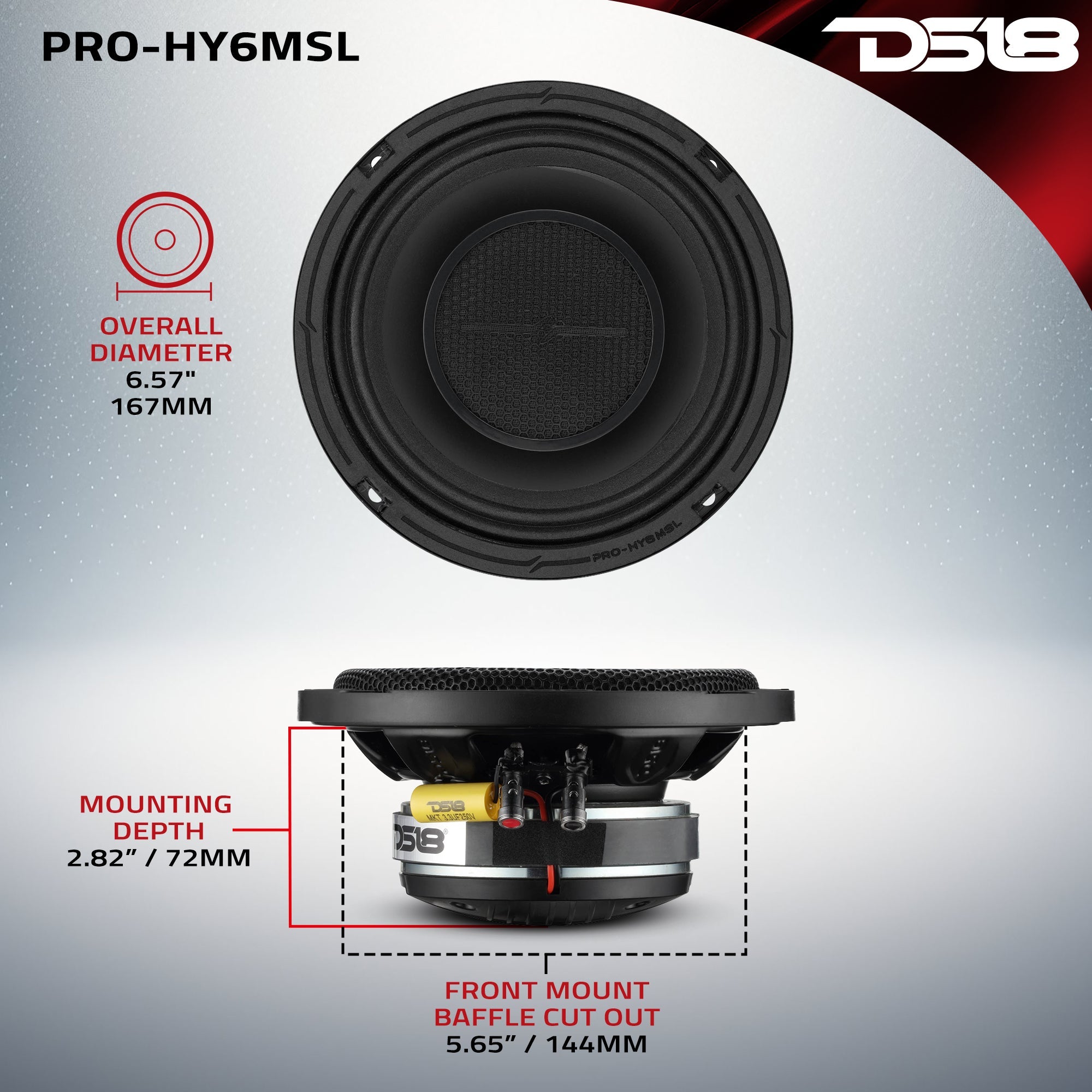 DS18 PRO 6.5" Shallow Coaxial Hybrid Mid-Range Loudspeaker with Built-in Driver | 150W RMS 8-Ohm
