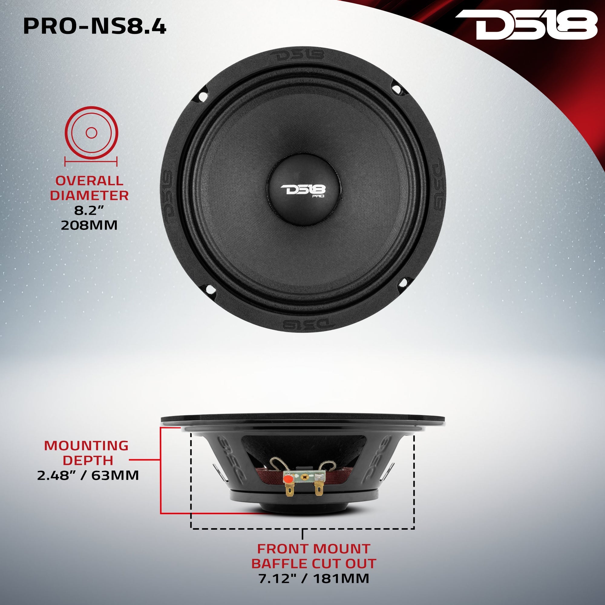 DS18 PRO 8" Shallow Neodymium Full-Range Loudspeaker 200 Watts Rms 4-Ohm