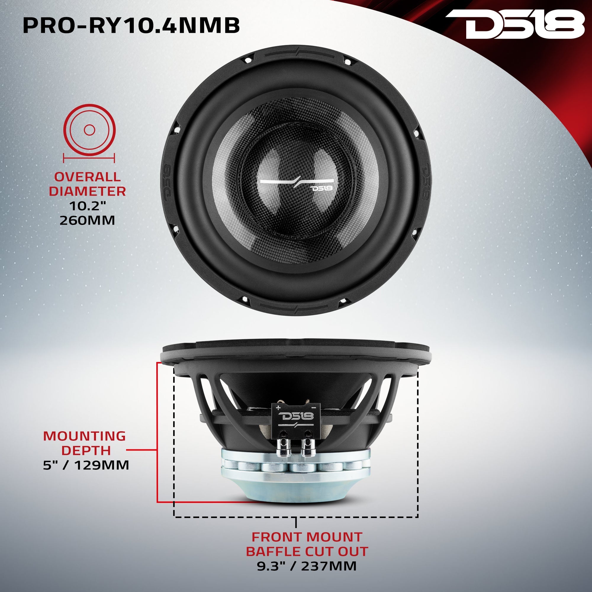 DS18 PRO 10" Neodymium Water resistant Carbon Fiber Cone Mid-Bass Woofer 450 Watts Rms 4-Ohm
