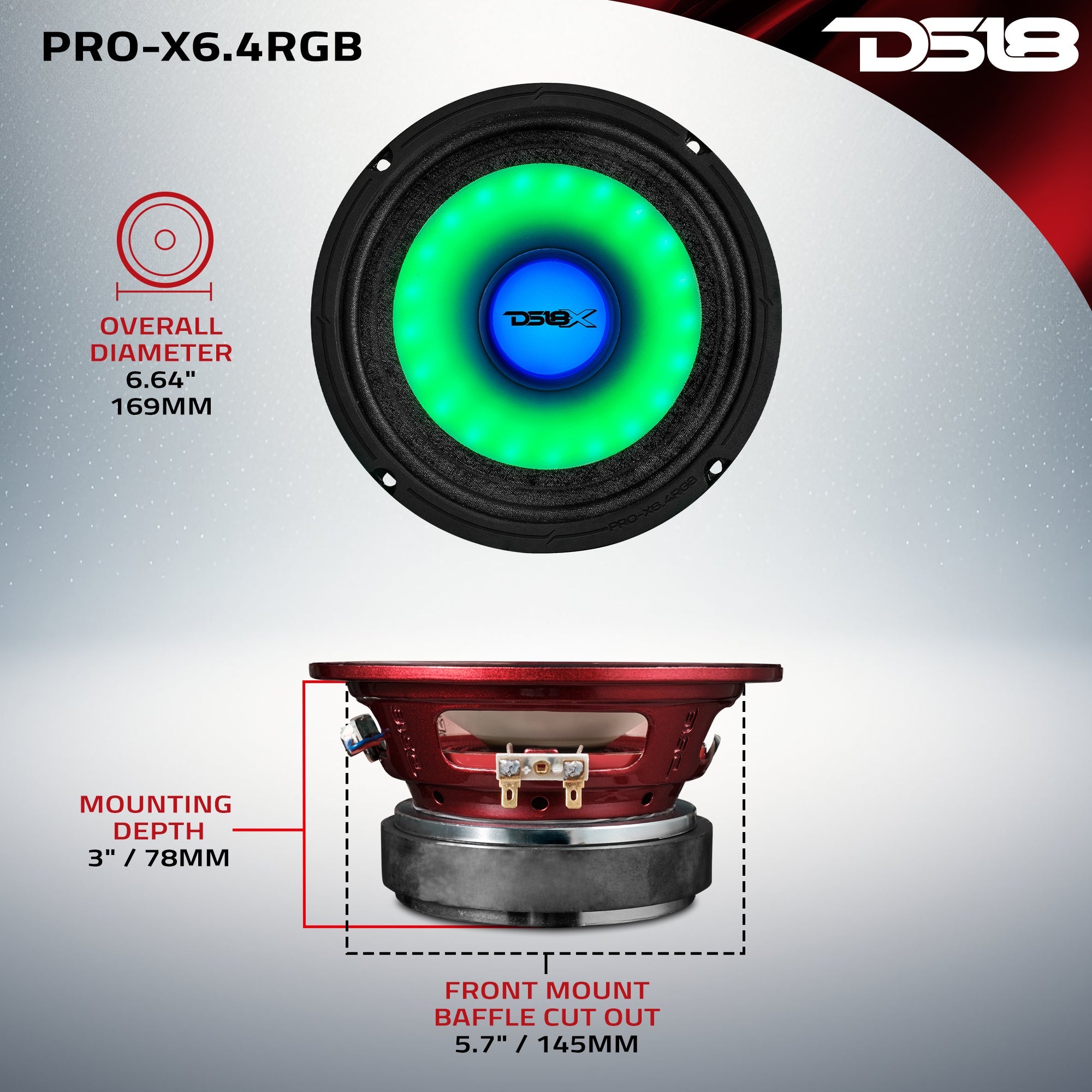 DS18 6.5" Mid-Range Loudspeaker with Dual RGB LED For Cone & Dust Cap 250 Watts 4-Ohm