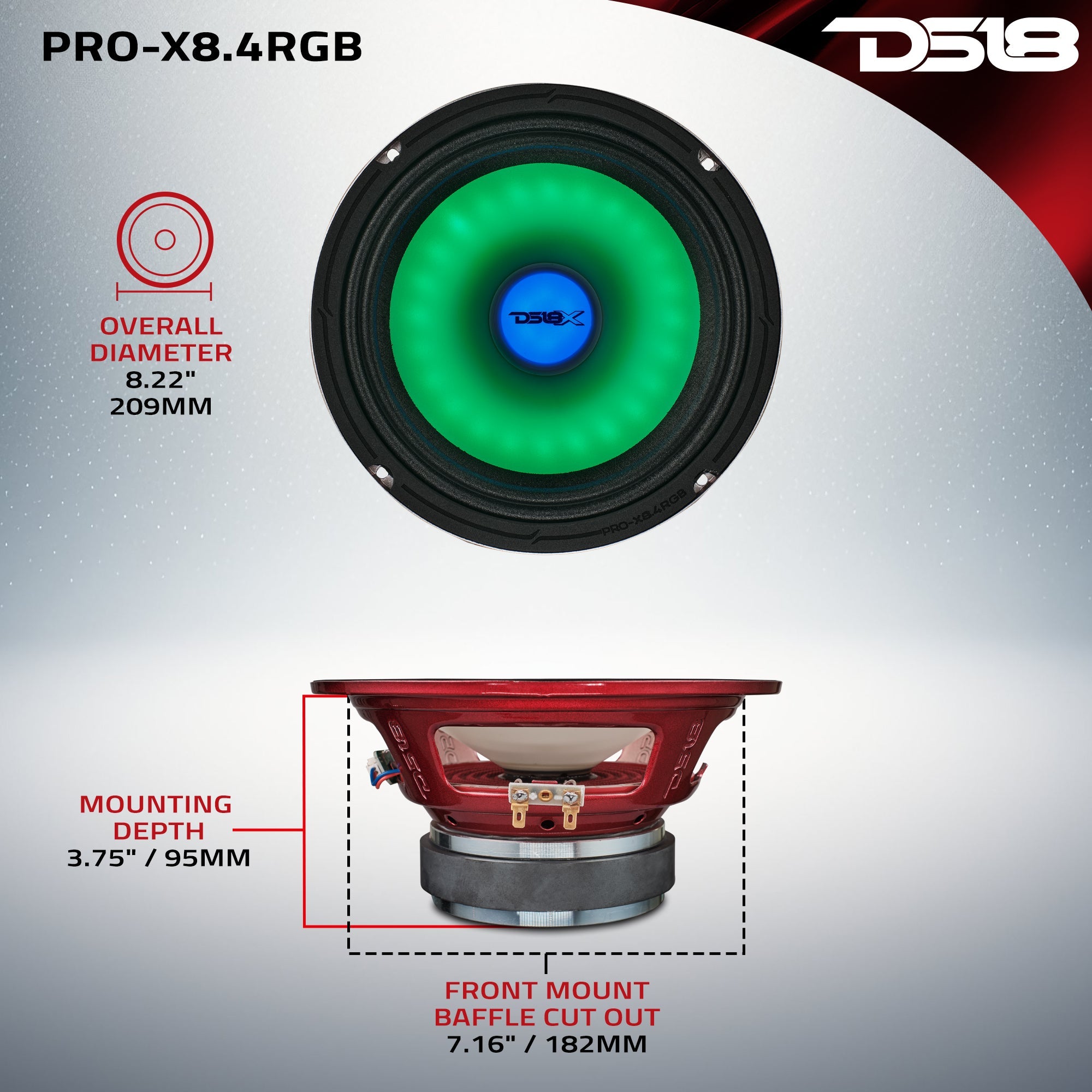 DS18 8" Mid-Range Loudspeaker with Dual RGB LED For Cone & Dust Cap 275 Watts 4-Ohm