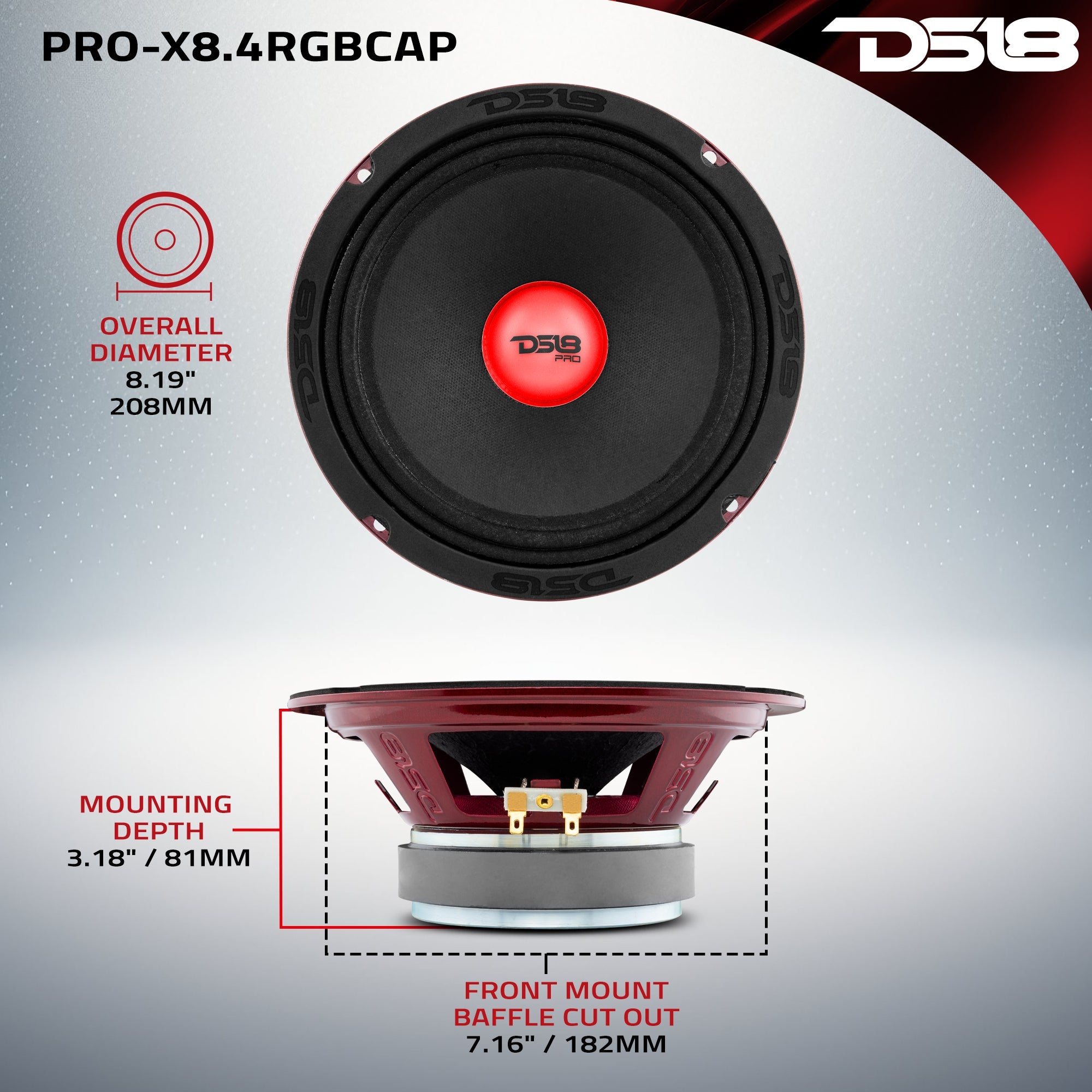 DS18 PRO-X 8" Mid-Range Loudspeaker with RGB Light Dust Cap 275 Watts Rms 4-Ohm