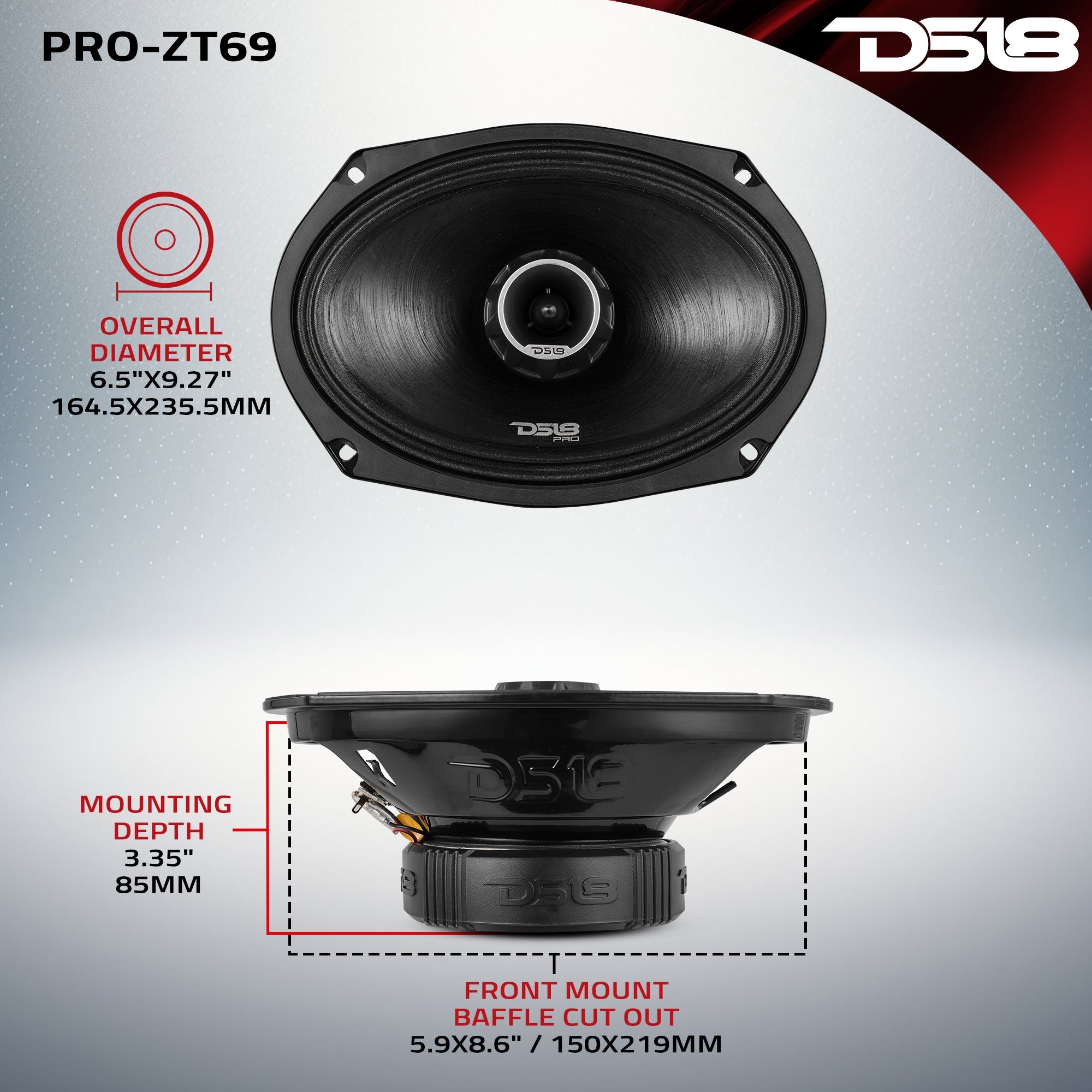 DS18 PRO-ZT 6x9" Coaxial Mid-Range Loudspeaker with Water-Resistant Cone Built-in Bullet Tweeter and Grill | 275W RMS 4-Ohm
