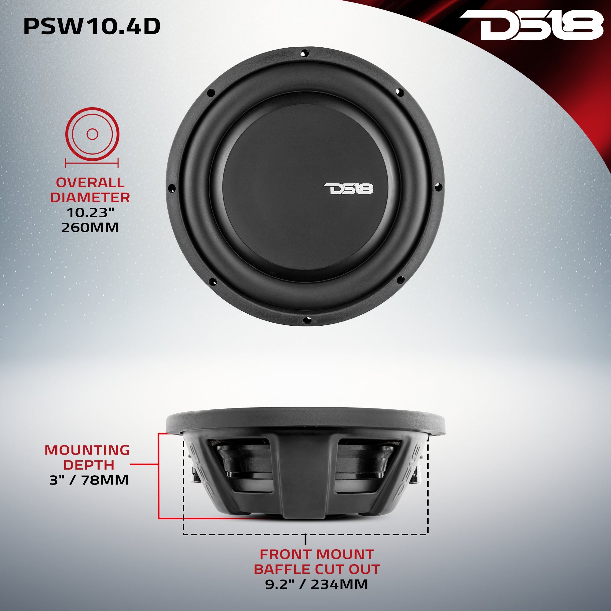 DS18 PS Shallow-Mount Water Resistant 10" Subwoofer | 500W RMS DVC 4-Ohm