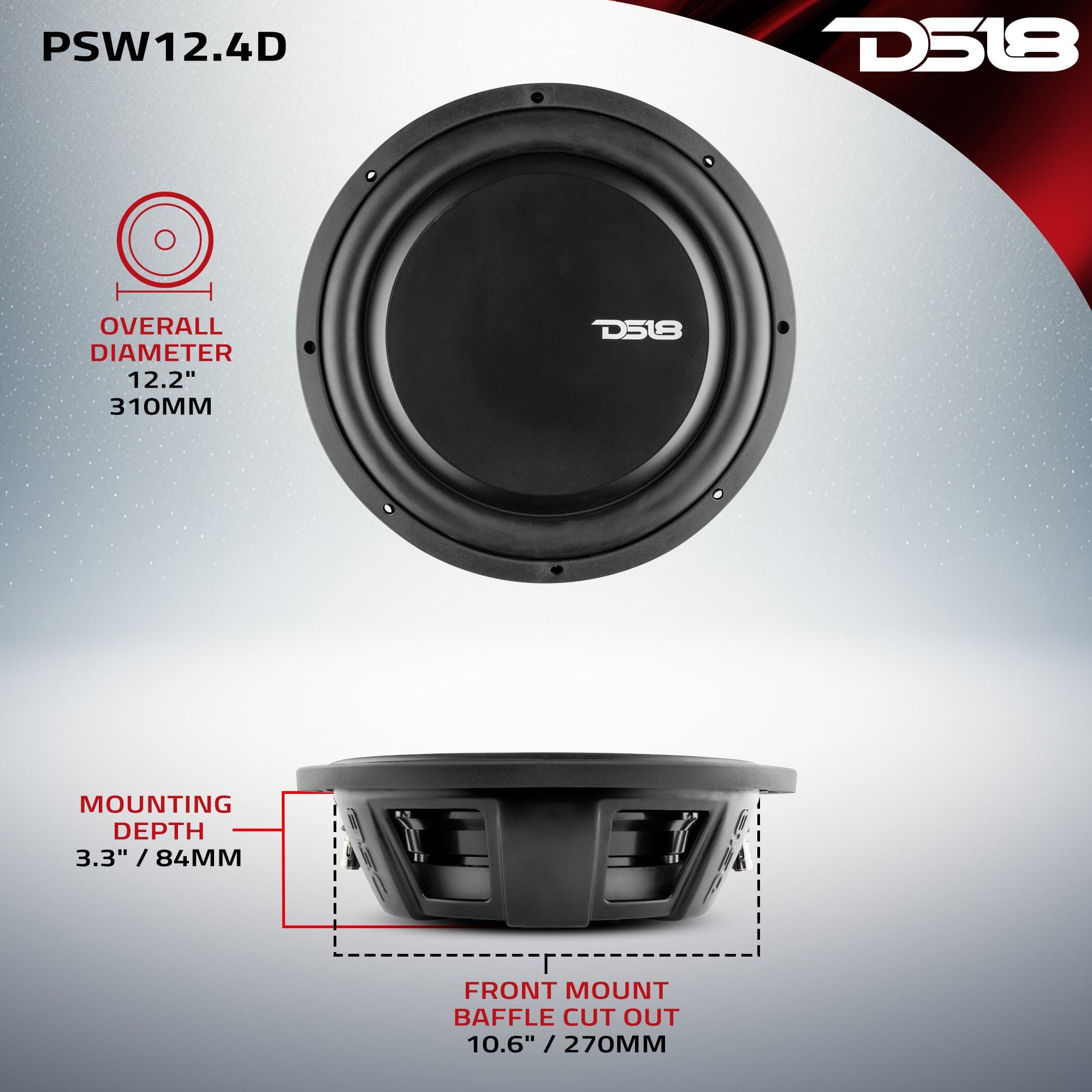 DS18 PS Shallow-Mount Water Resistant 12" Subwoofer | 600W RMS DVC 4-Ohm