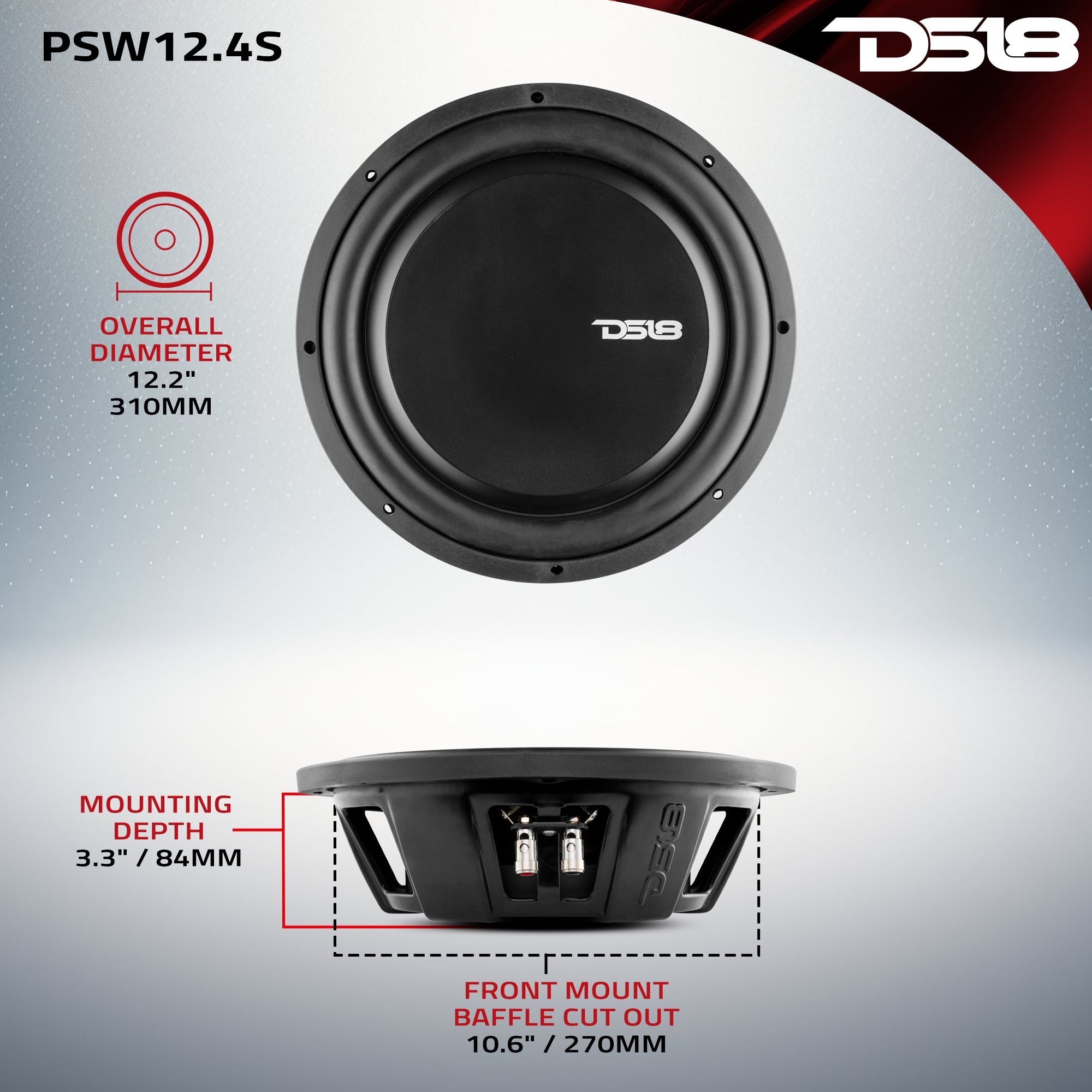 DS18 PS Shallow-Mount Water Resistant 10" Subwoofer | 500W RMS DVC 2-Ohm