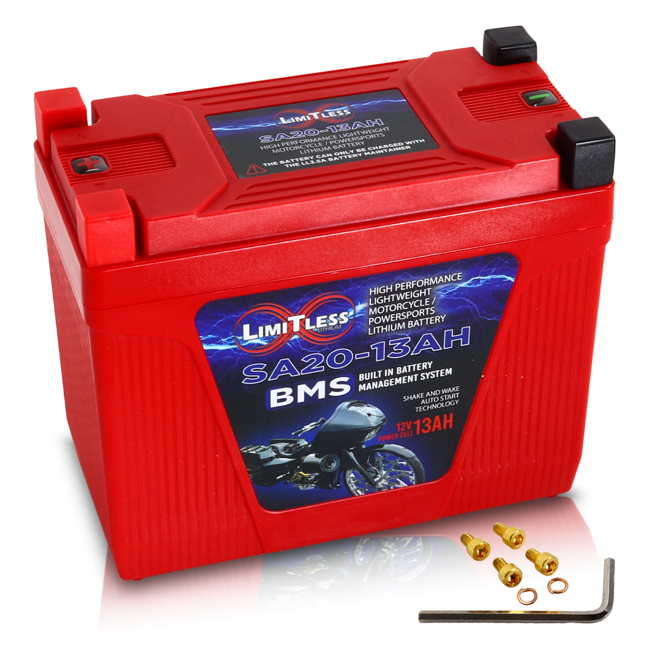 Limitless Lithium Shake Awake 13Ah 12V LiFePO4 Smart Motorcycle Battery (Case 20) + 3.5A Maintainer (2)