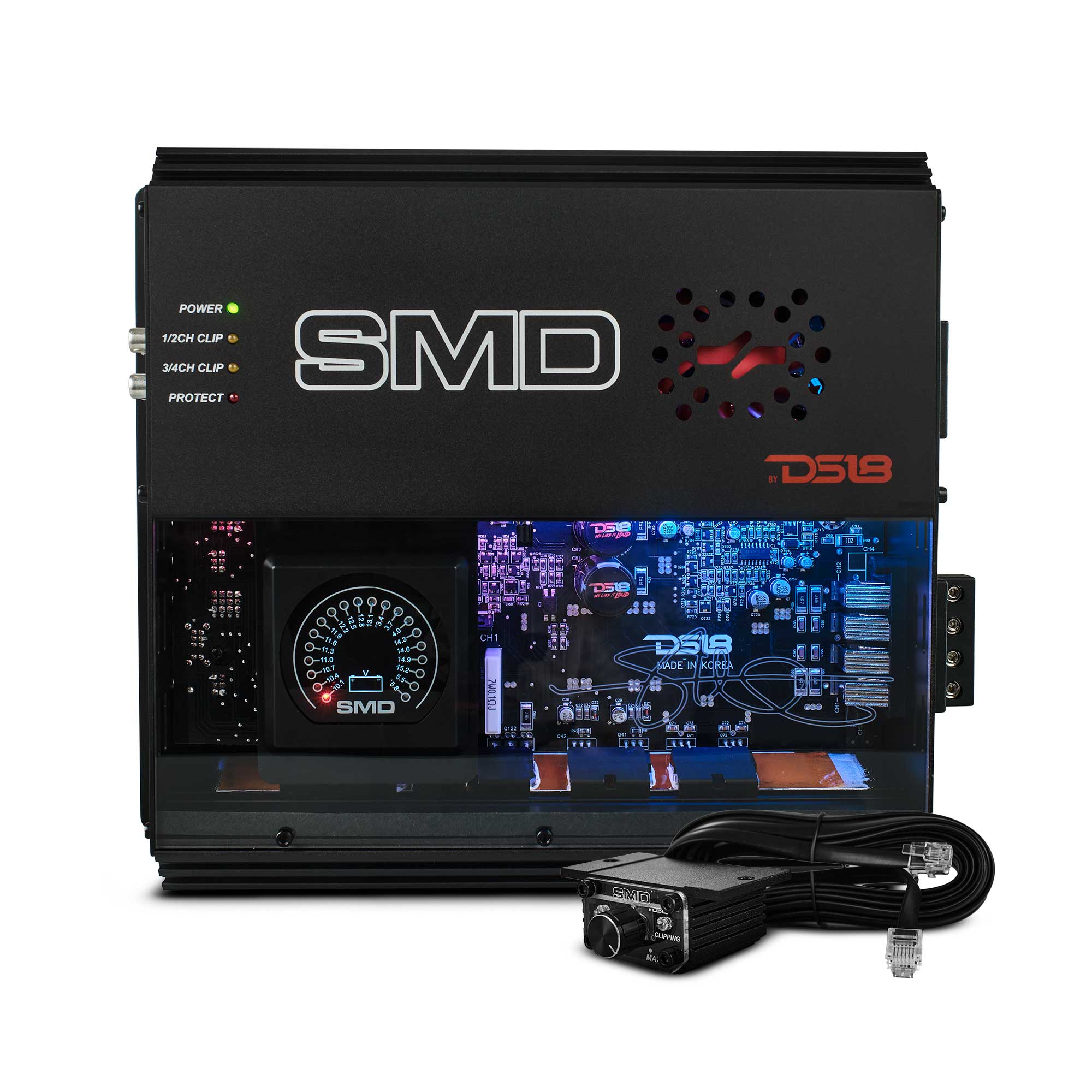 DS18 SMD 4-Channel Class AB Amplifier with VM-1 Voltmeter and Digital LED Lights 4 x 200W at 2-ohm - Steve Meade Designs