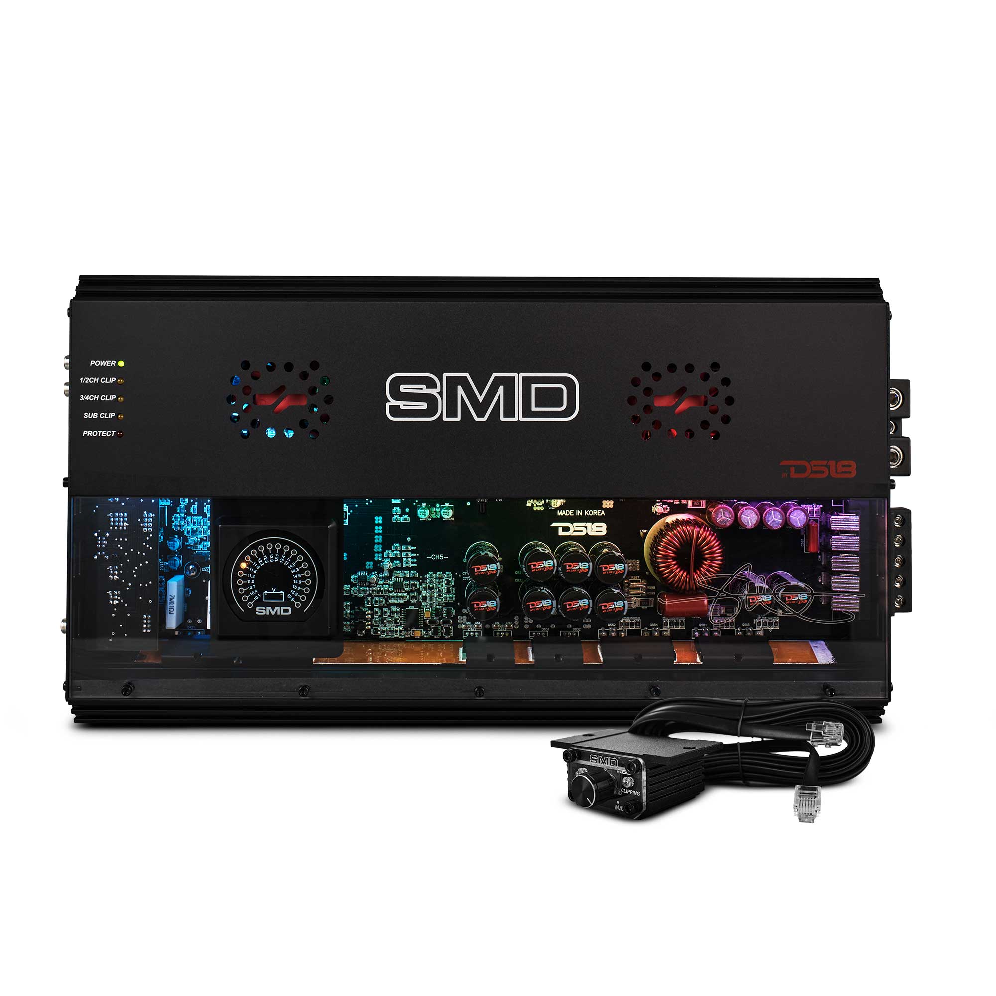 DS18 SMD 5-Channel Amplifier with VM-1 Voltmeter and Digital LED Lights 4 x 250W at 2-Ohm Class AB + 1 x 1800W at 1-Ohm Class D - Steve Meade Designs