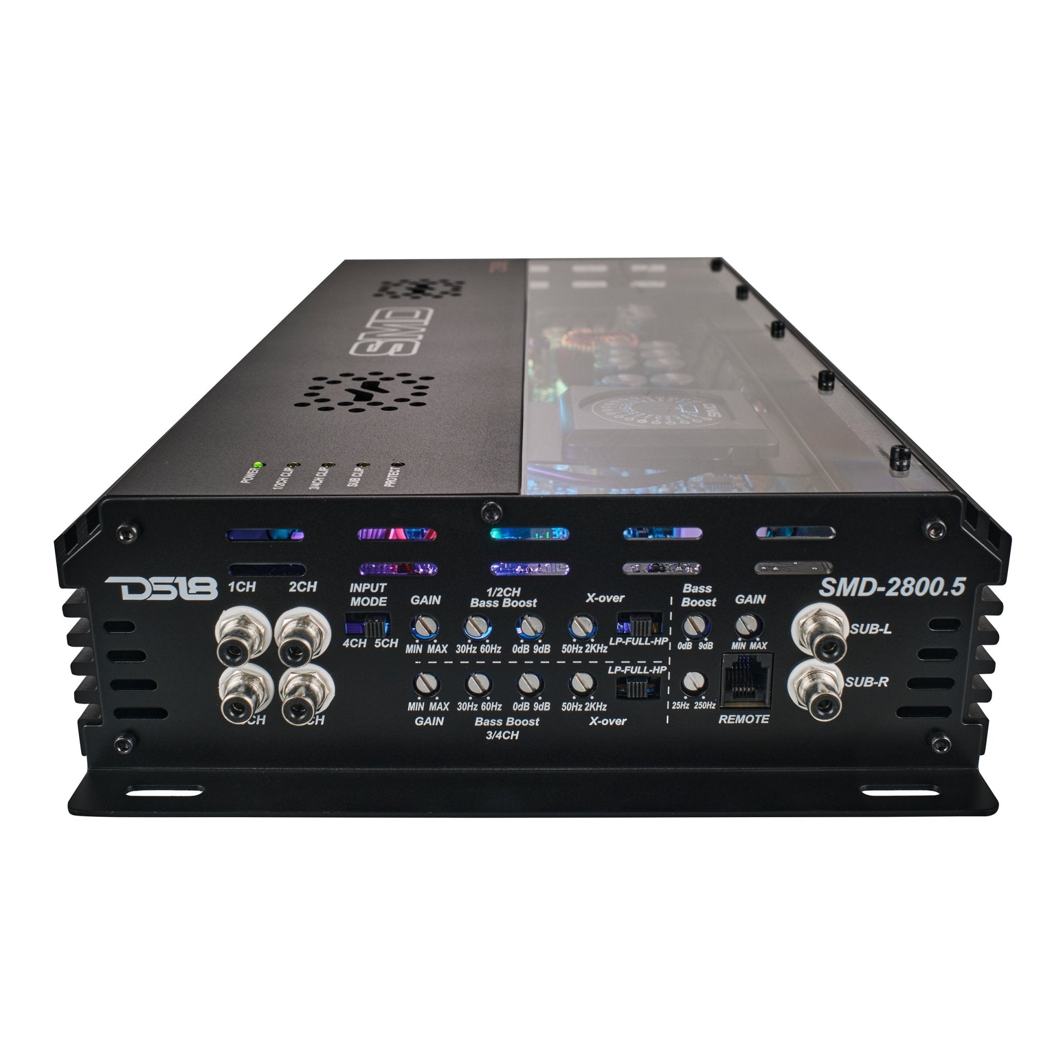 DS18 SMD 5-Channel Amplifier with VM-1 Voltmeter and Digital LED Lights 4 x 250W at 2-Ohm Class AB + 1 x 1800W at 1-Ohm Class D - Steve Meade Designs
