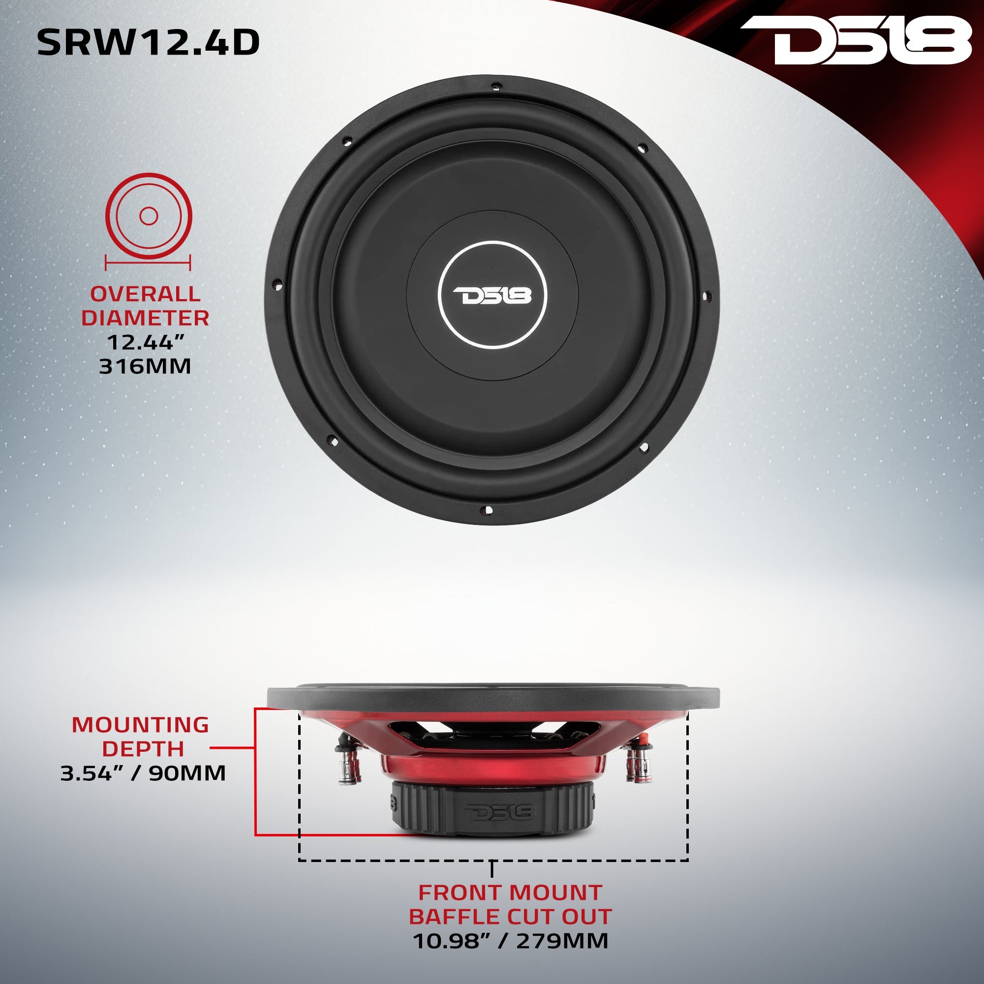 DS18 SRW Shallow-Mount 12" Subwoofer 220 Watts Rms DVC 4-Ohm