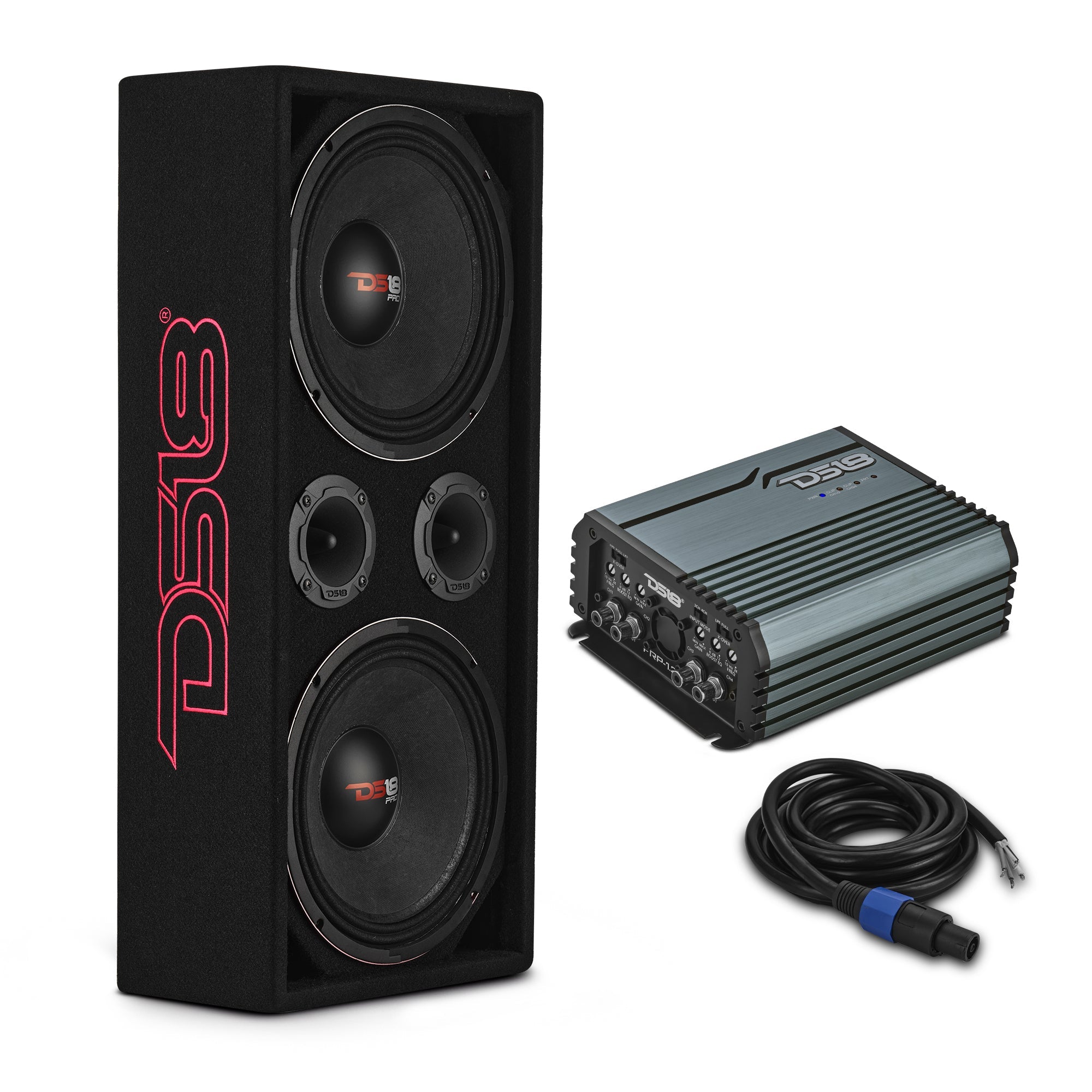 DS18 VOC10LD-PK Loaded Voceteo Enclosure with Dual 10" Mids, Dual 3.78" Tweeters, Amplifier & Speakon Cable