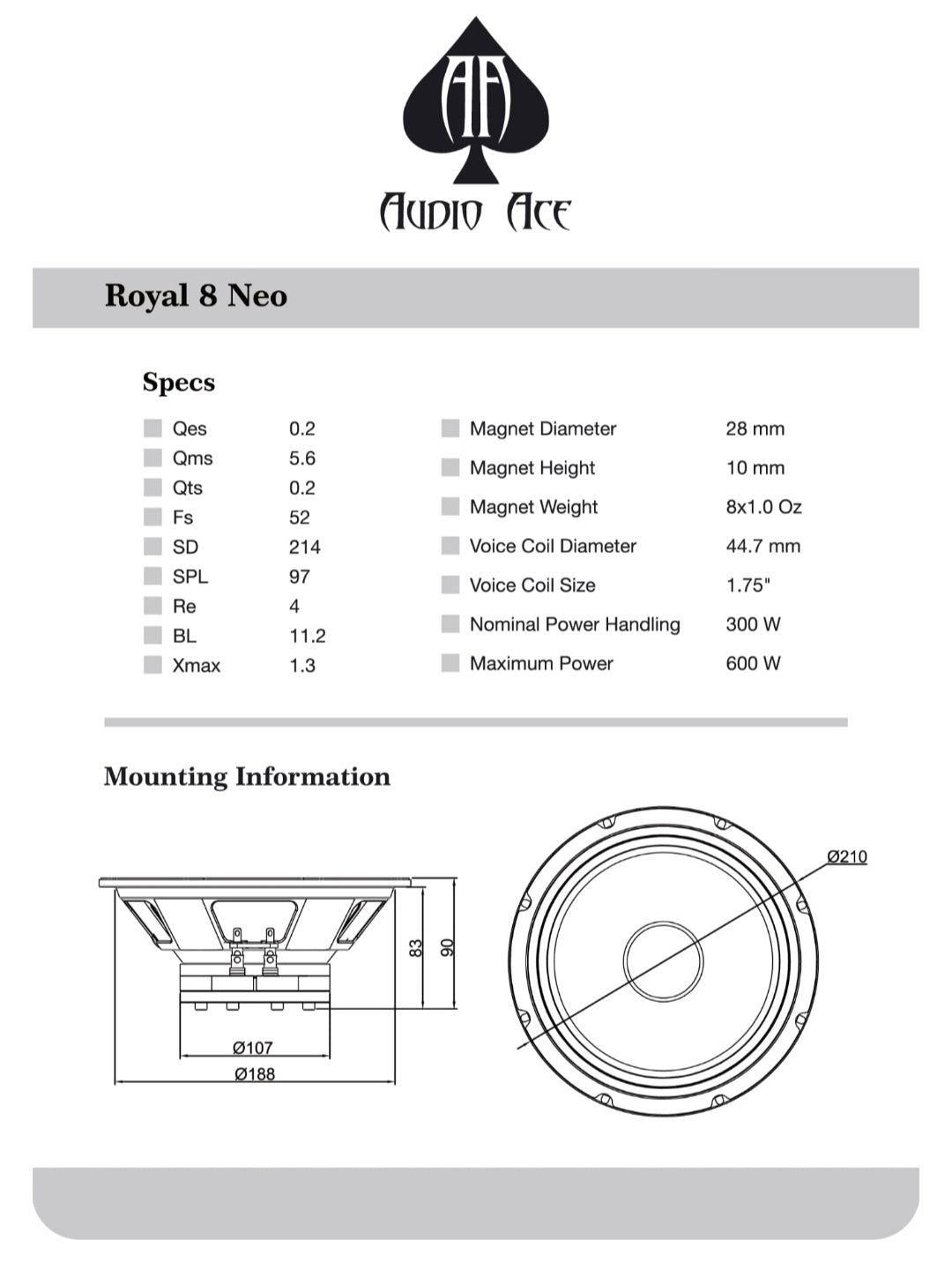 Audio Ace Royal 8" Neo Pro Audio Midrange Speakers (Pair) — view 4